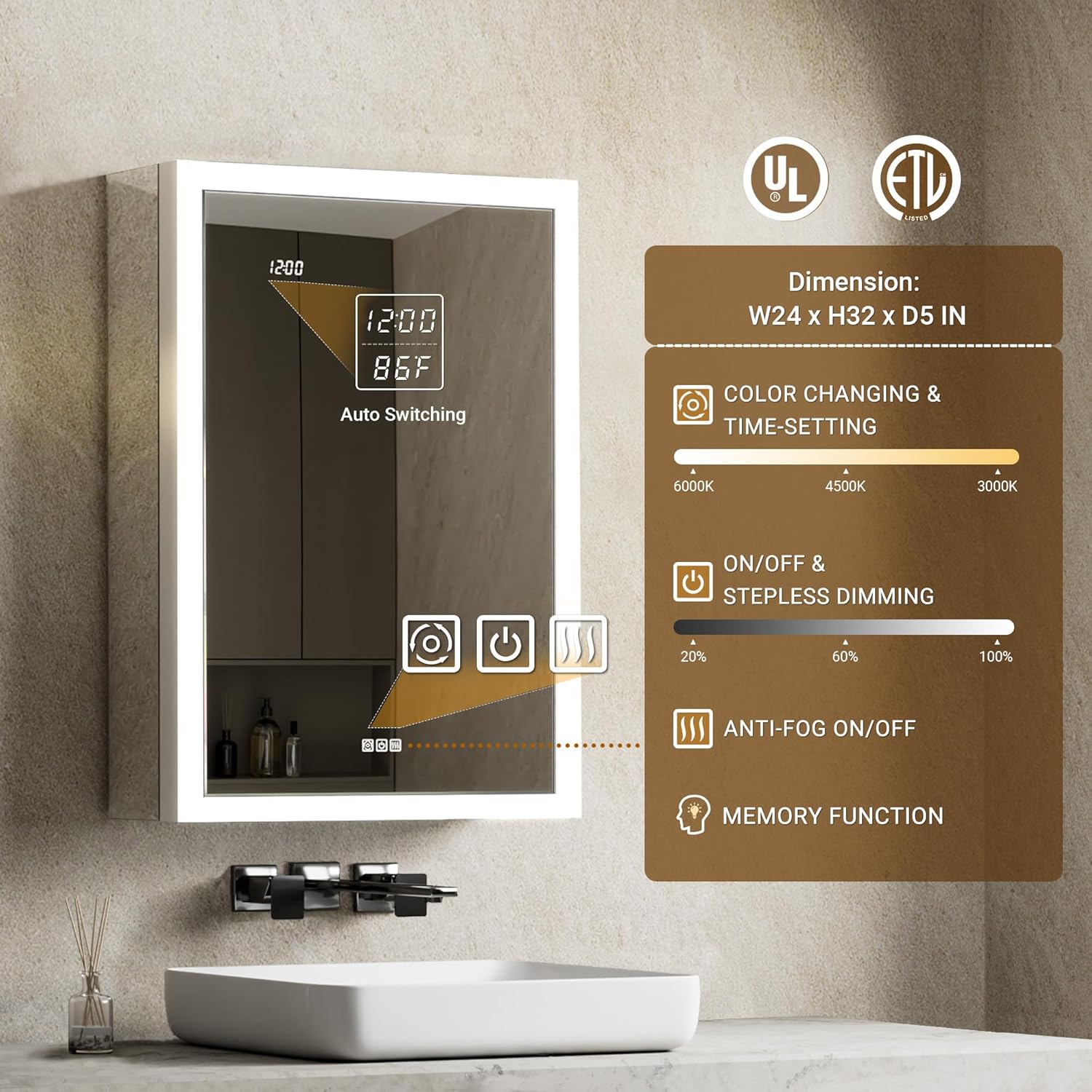 LED Medicine Cabinet with Mirror, 24x32 Surface or Recessed Lighted Medicine Cabinet with Mirror