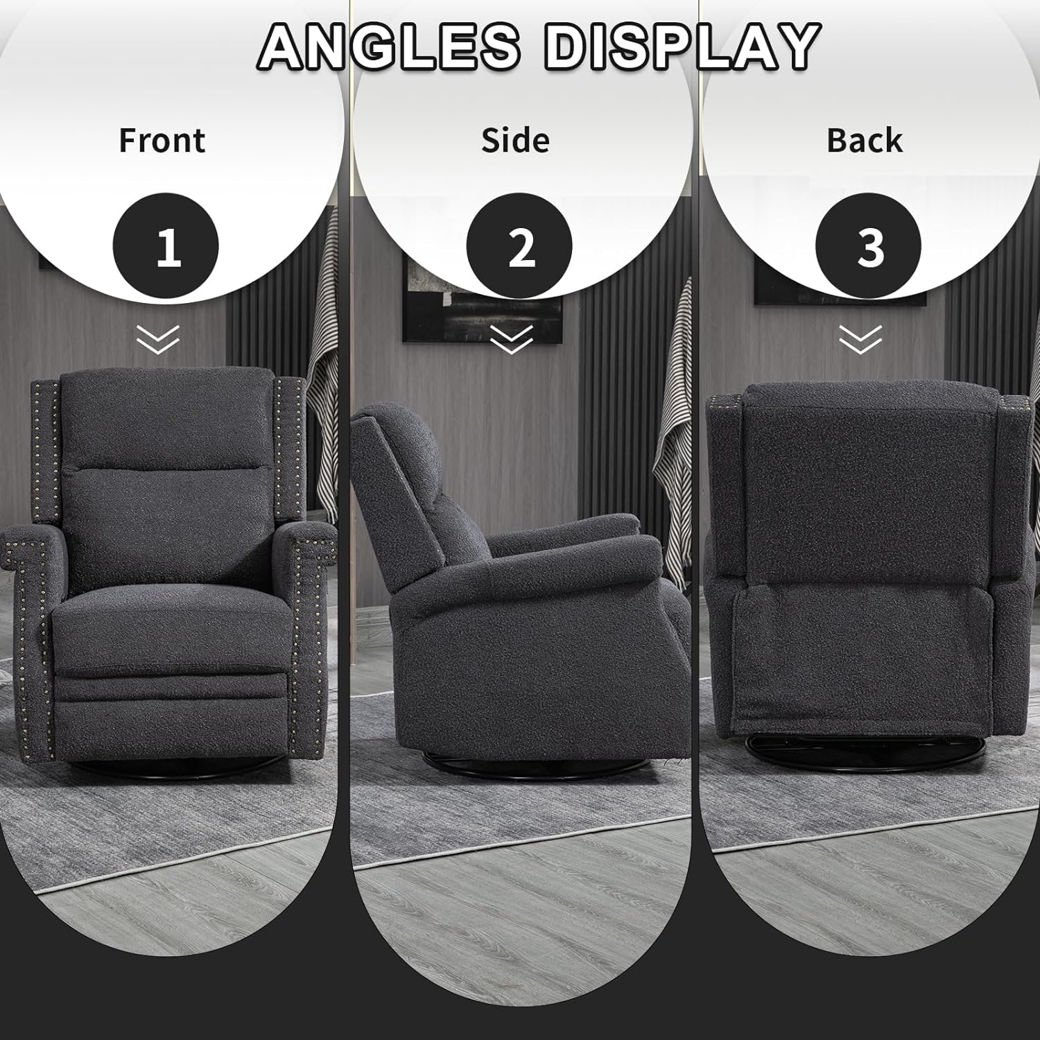 Nursery Rocking Chair, Upholstered Recliner Chair with Rivet Decoration, 360 Degree Swivel Chair with Adjustable Footrest, Glider Chair for Living Room, Bedroom (Black)