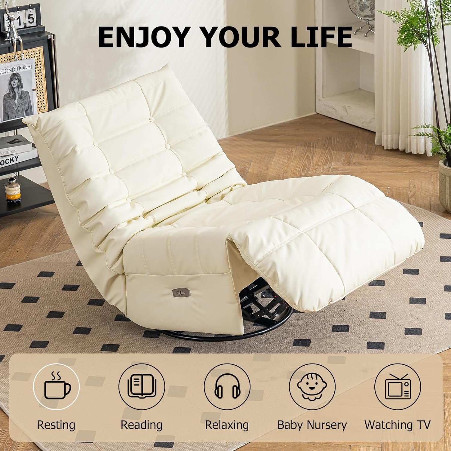 Swivel Glider Rocking Chair, Power Recliner Chair with Side Pocket, Home Theater Lounge Chair, Leisure Single Swivel Rocking Sofa Chair with USB Charger for Living Room (White)