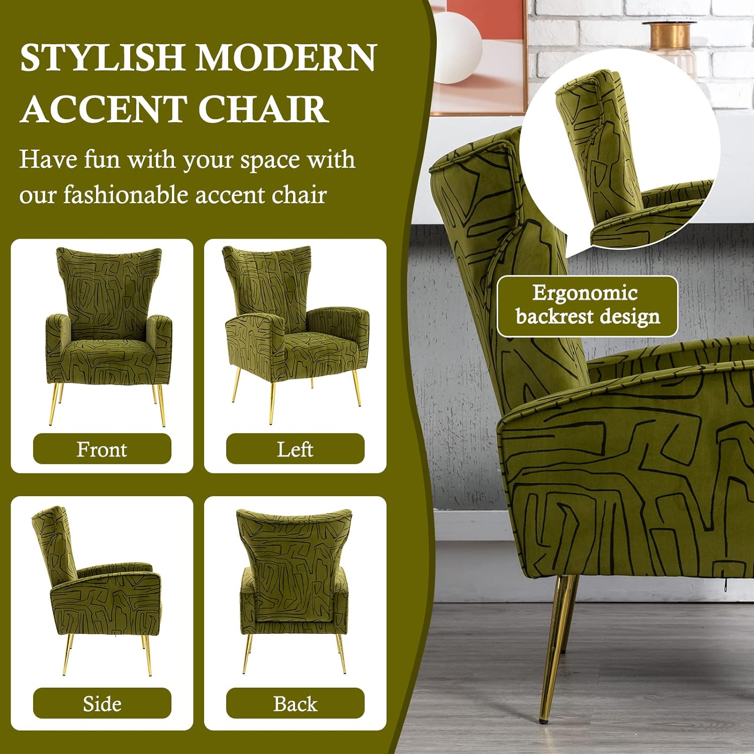 Velvet Accent Chair with Metal Gold Legs Upholstered Wingback Armchair Side Lounge Chair Leisure Single Sofa Arm Club Reading Chair for Living Room Bedroom Office (Olive)