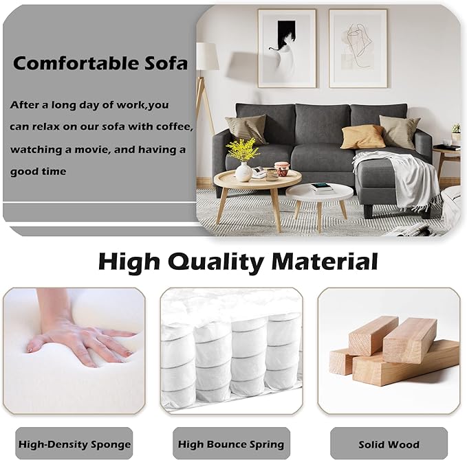 Convertible Sectional 3 L-Shaped Couch Soft Seat with Modern Linen Fabric, Space-Saving Sofas for Living Room, Apartment and Office, 70'', Dark Gray