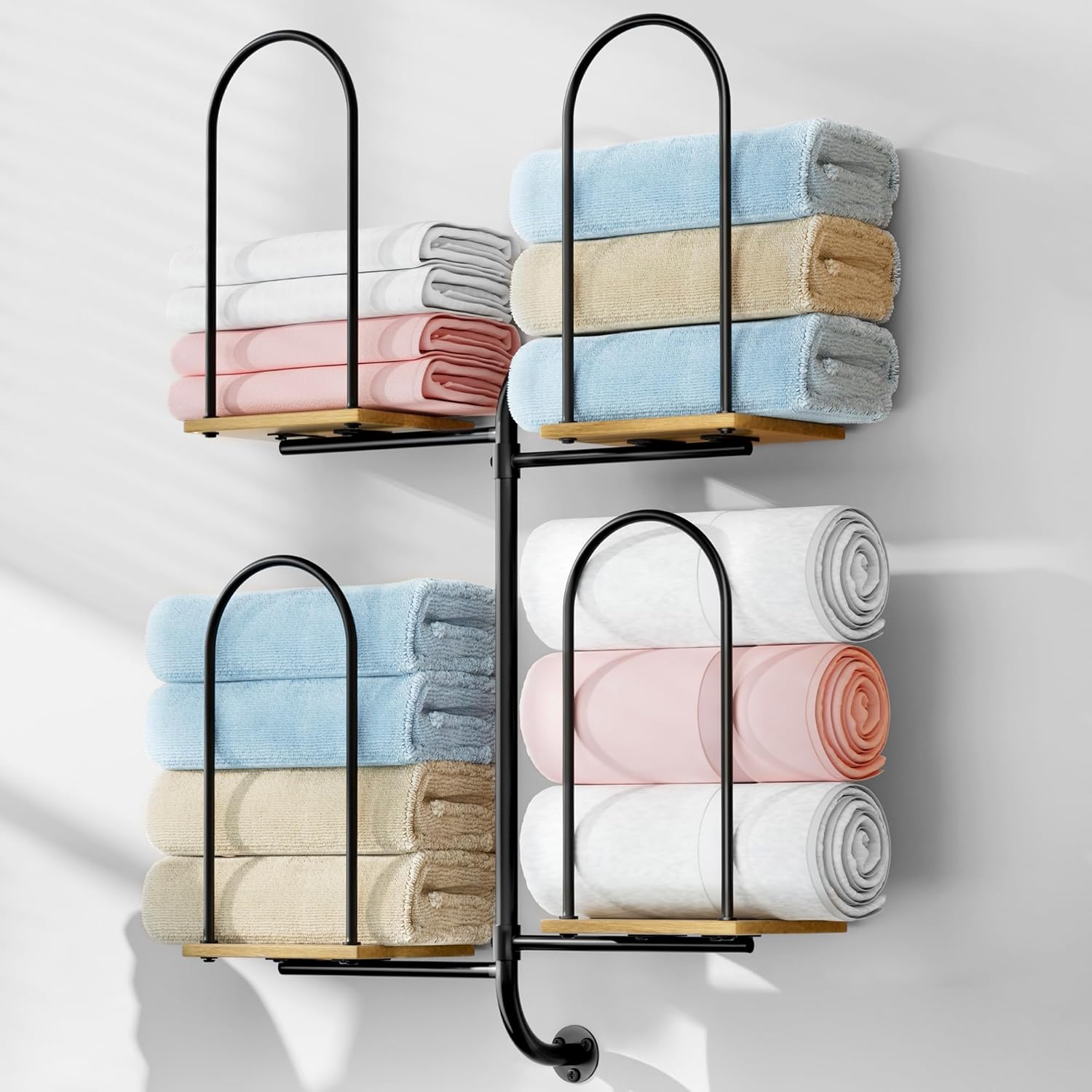 Towel Rack for Bathroom, Large Capacity Towel Holder for Bathroom Wall, Sturdy Wood for Rolled & Folded Towels