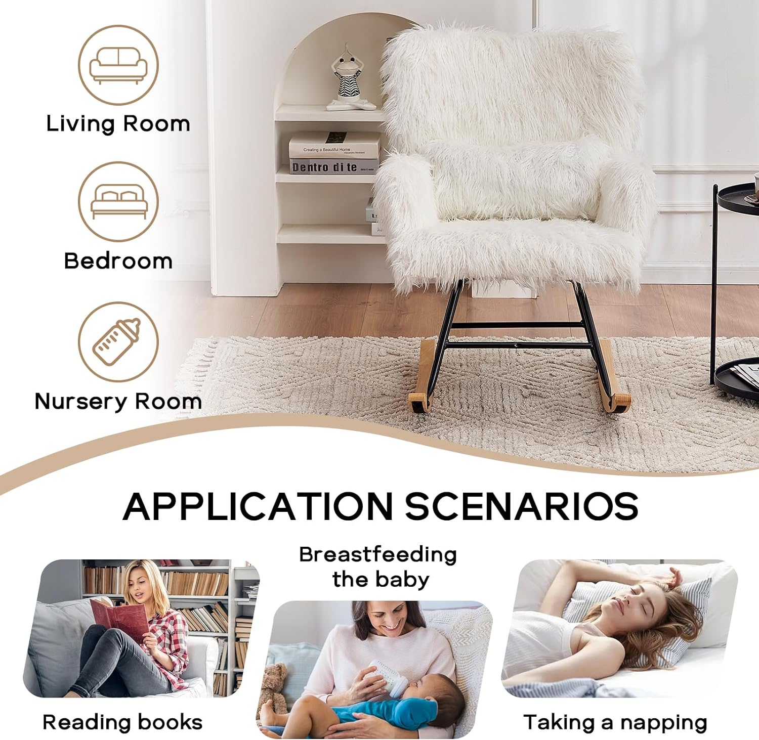 Nursery Rocking Chair, Faux Fur Upholstered Glider Rocker with Lumbar Pillow, High Backrest Rocking Accent Chair, Comfy Armchair for Living Room, Bedroom, Office (White)