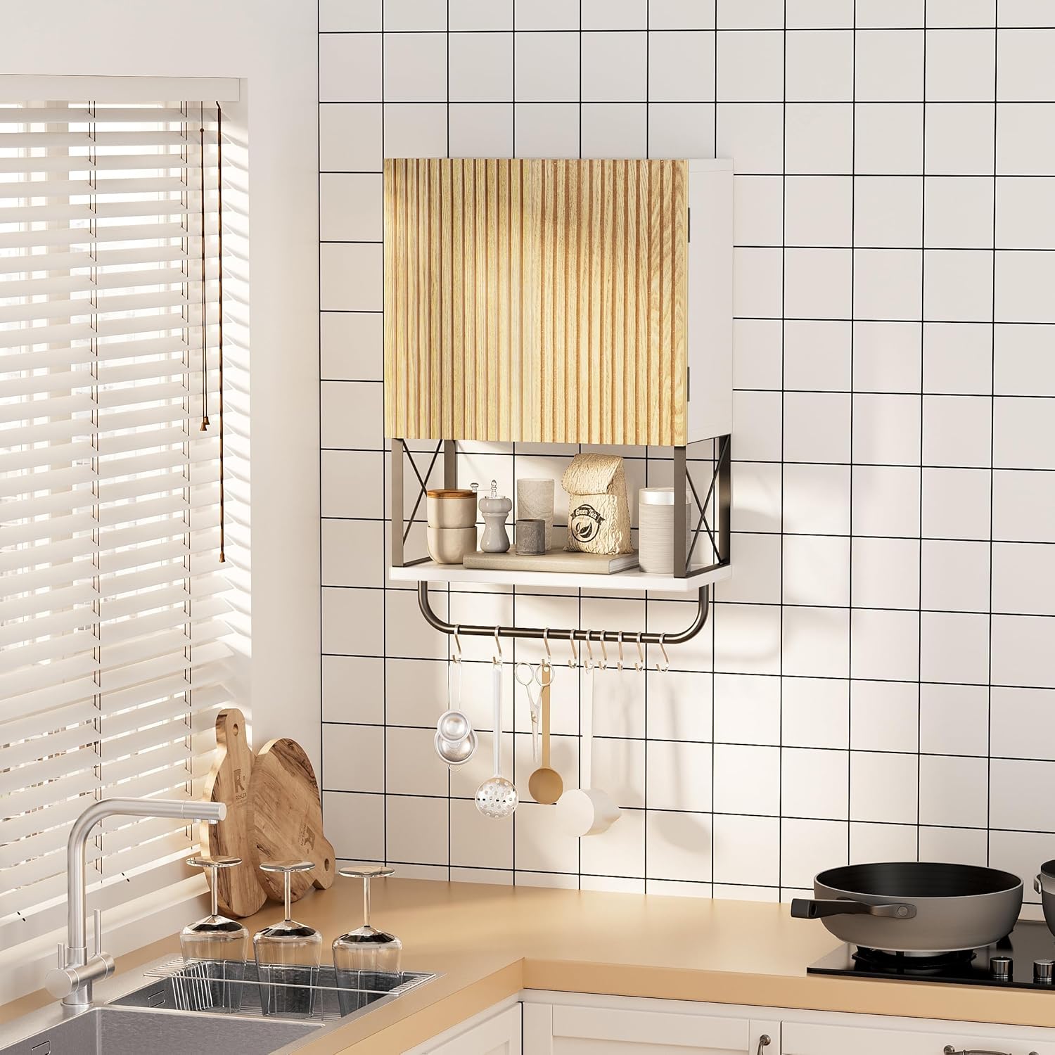 Fluted Bathroom Wall Medicine Cabinet - Hanging Bathroom Wall Mounted Cabinet with Towel Bar