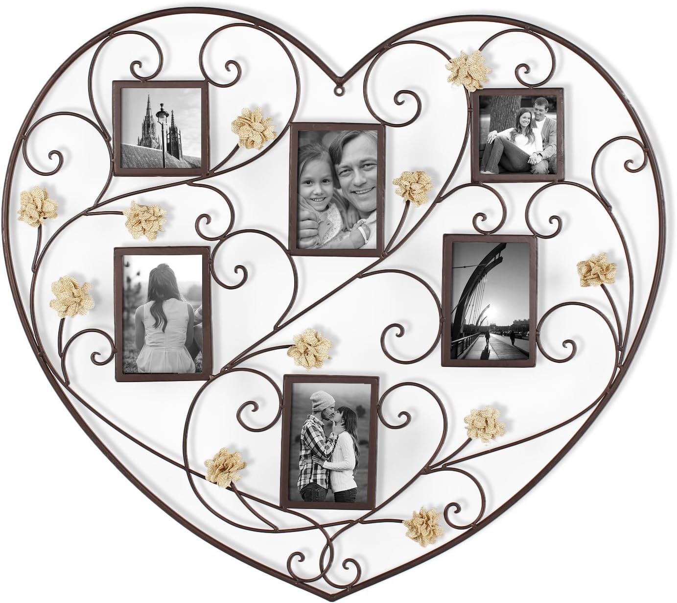 Decorative Black Iron Heart-Shape Picture Frame Collage with Scroll and Burlap Flower Design, 6 Openings