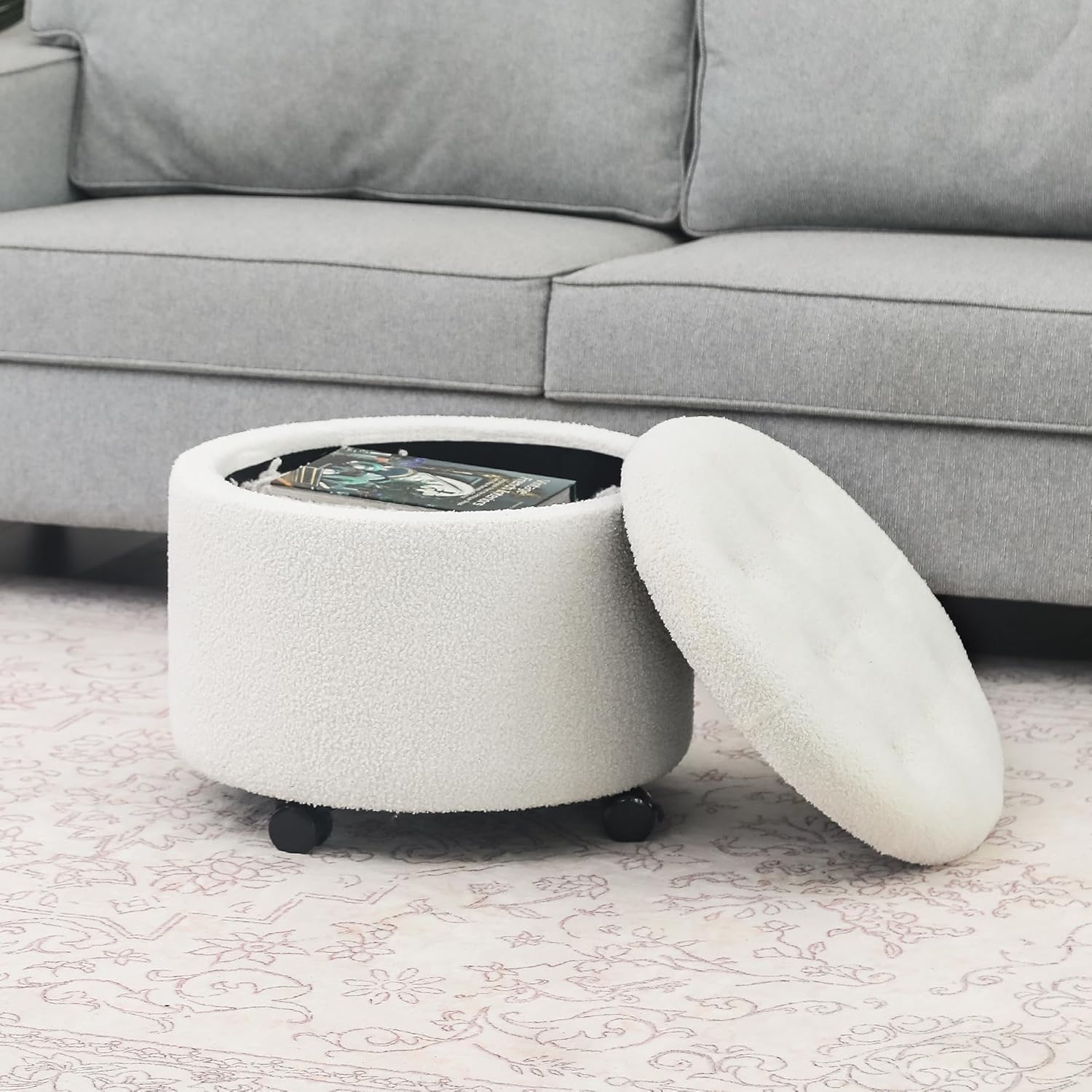 20" Teddy Fleece Round Storage Ottoman with Wheels, Upholstered Cushion Button Tufted Footstool with Storage