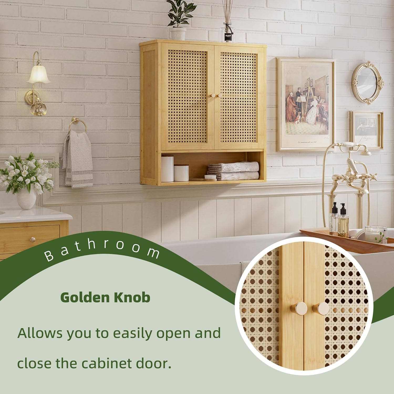Bathroom Wall Cabinet, Bamboo Over-The-Toilet Storage Organizer with 2 Rattan Doors and Adjustable Shelf