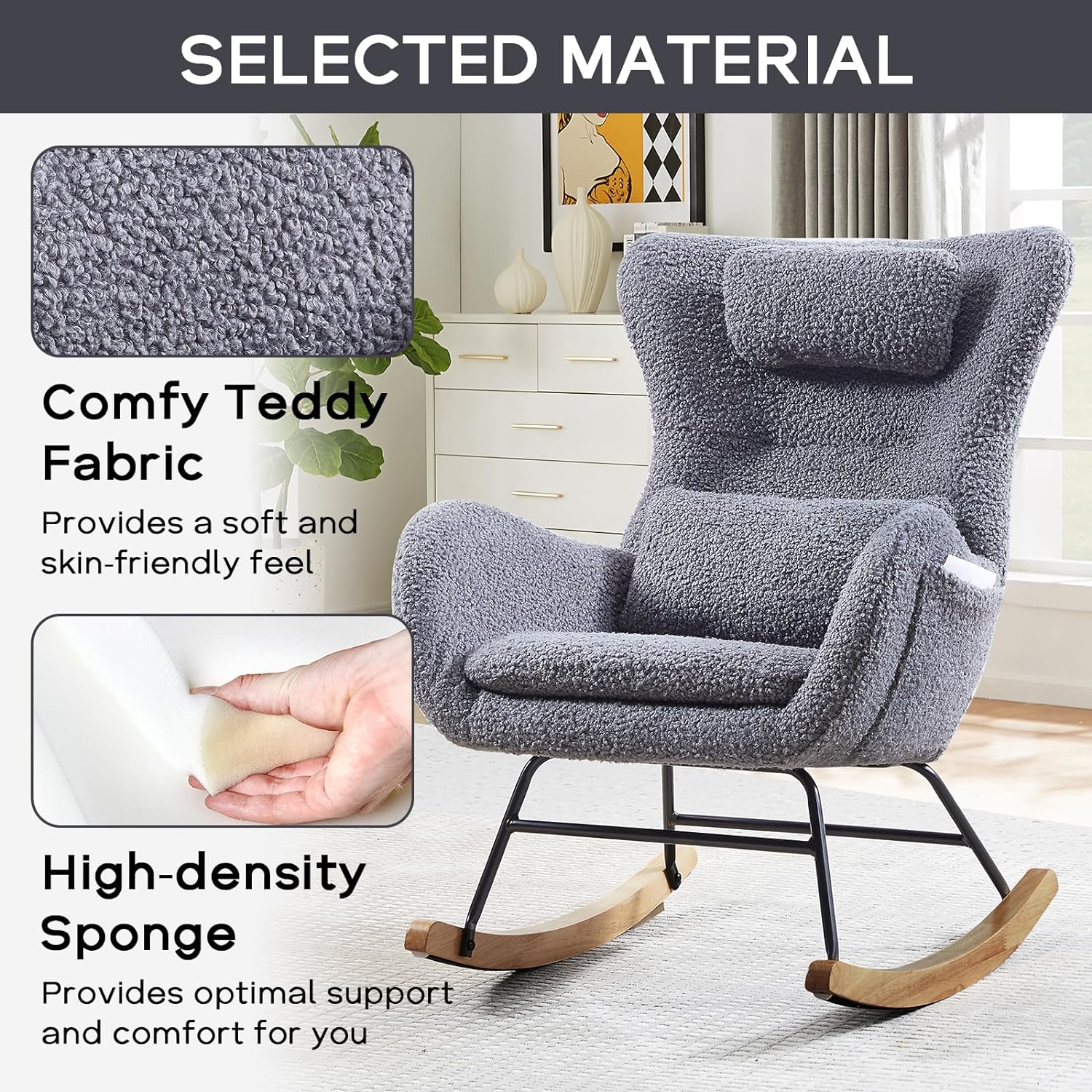 Nursery Rocking Chair, Teddy Upholstered Glider Rocker with Headrest and Lumbar Pillow, High Backrest Rocking Accent Chair with Side Pocket, Comfy Armchair for Living Room