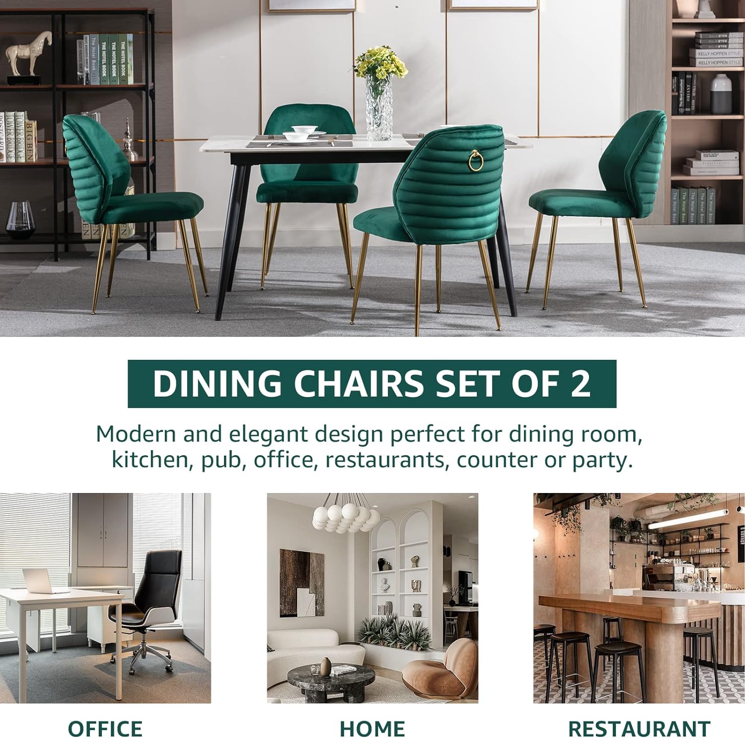 Velvet Dining Chairs Set of 2, Modern Upholstered Accent Chairs, Comfy Tufted Side Chair with Gold Legs and Ring Pull for Kitchen Vanity Living Room Bedrooms (Green)