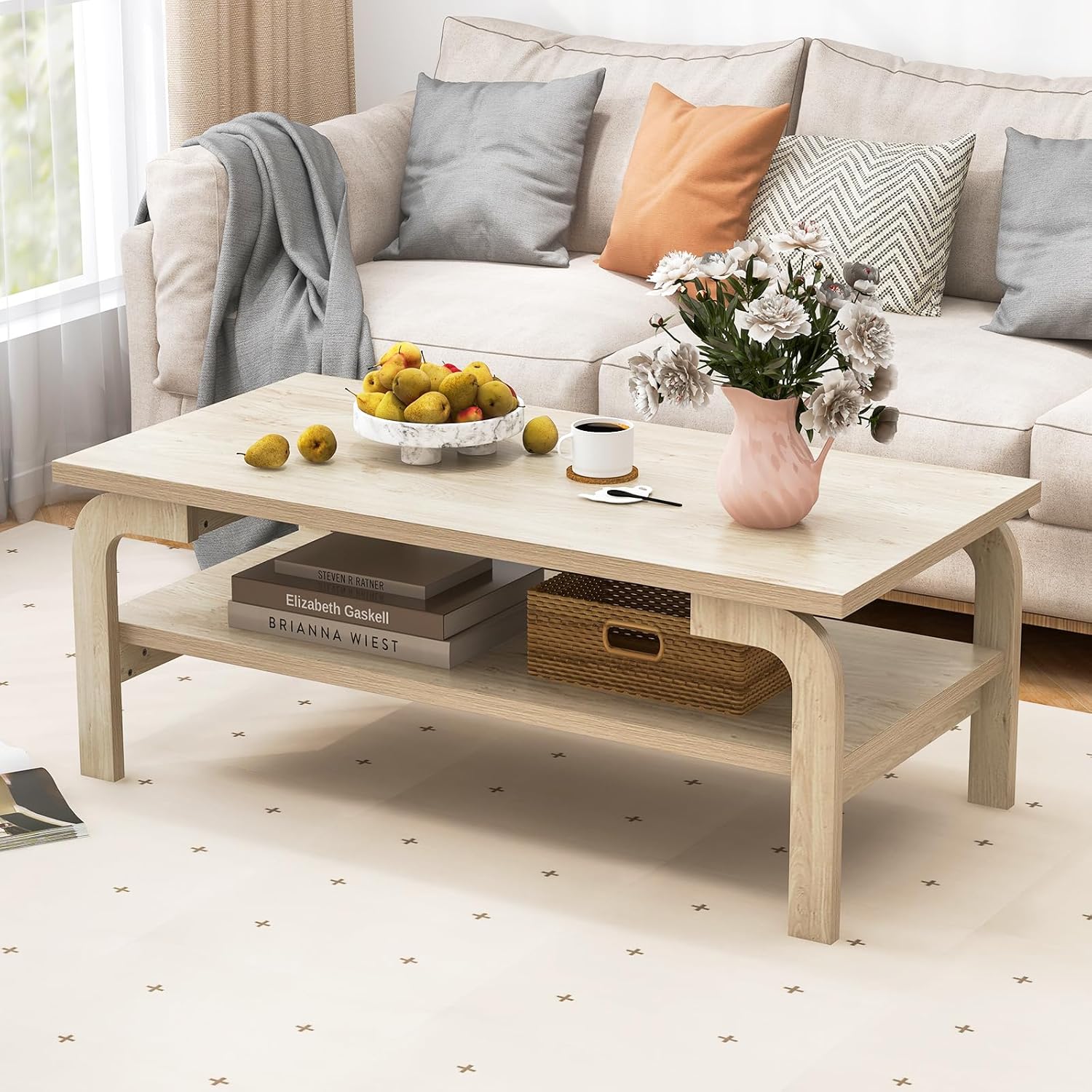 2-Tier Coffee Table with Storage, 47” Mid Century Rectangle Accent Table with Open Shelf, Large Tabletop & Curved Legs