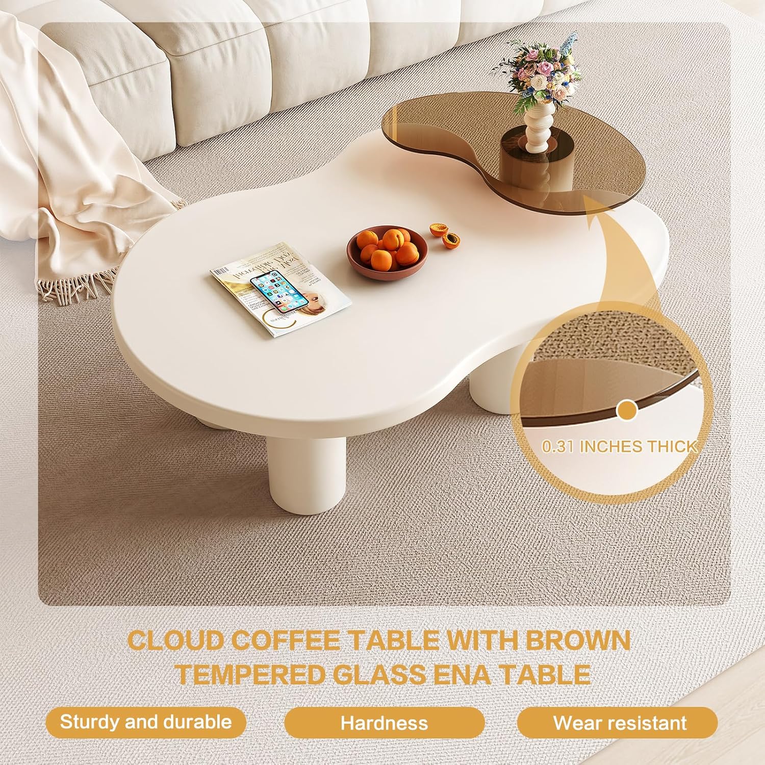 40.94" Modern Nesting Coffee Tables Set of 2, 2 in 1 Irregular Coffee Table, with Glass Top End Table for Living Room