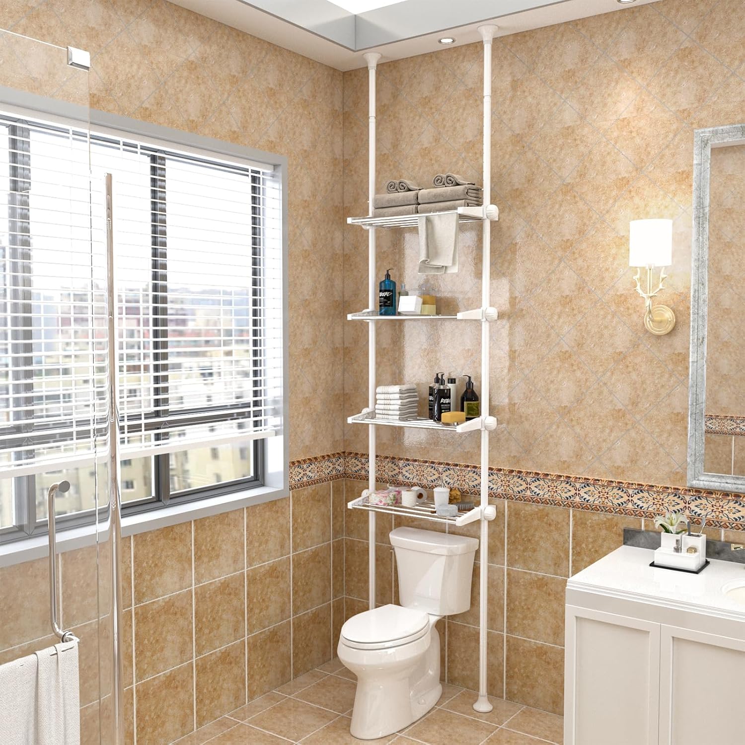 Over The Toilet Storage, 83-124 Inch Stainless Steel Bathroom Organizer Adjustable 4-Tier Toilet Rack