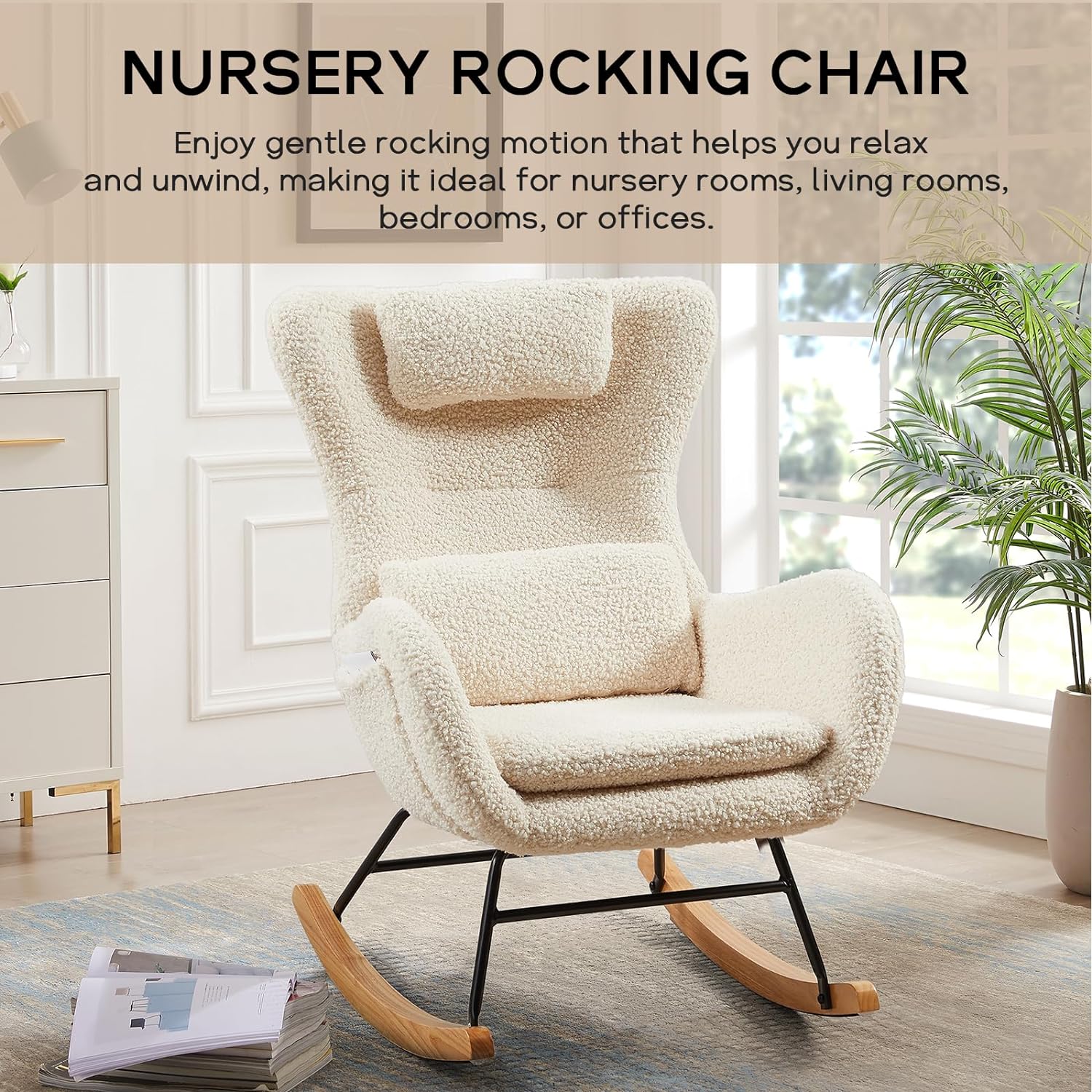 Nursery Rocking Chair, Teddy Upholstered Glider Rocker with Headrest and Lumbar Pillow, High Backrest Rocking Accent Chair with Side Pocket, Comfy Armchair for Living Room (Beige)