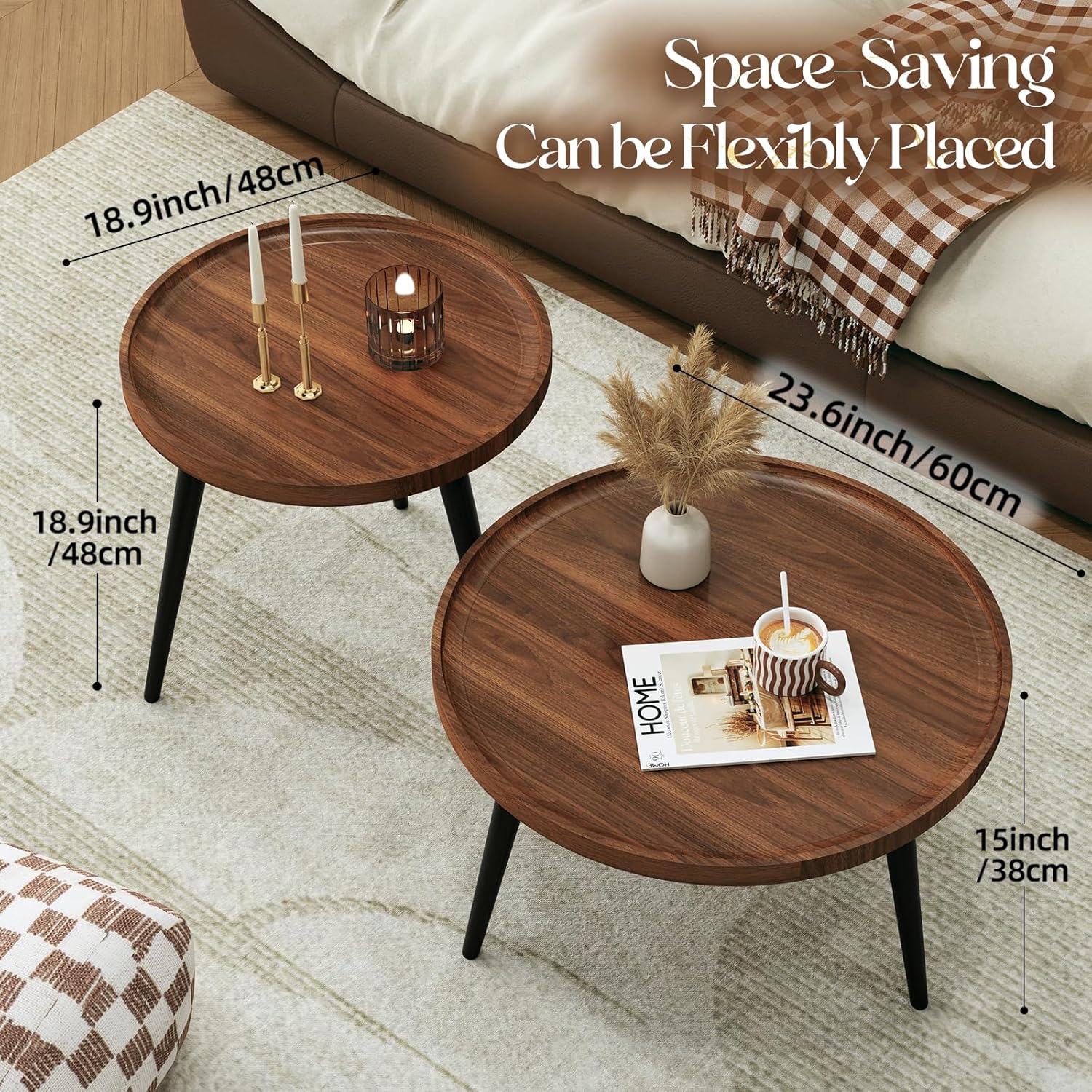 2 Pcs Mid Century Modern Round Coffee Tables for Living Room,Easy Assembly Nesting Coffee Tables
