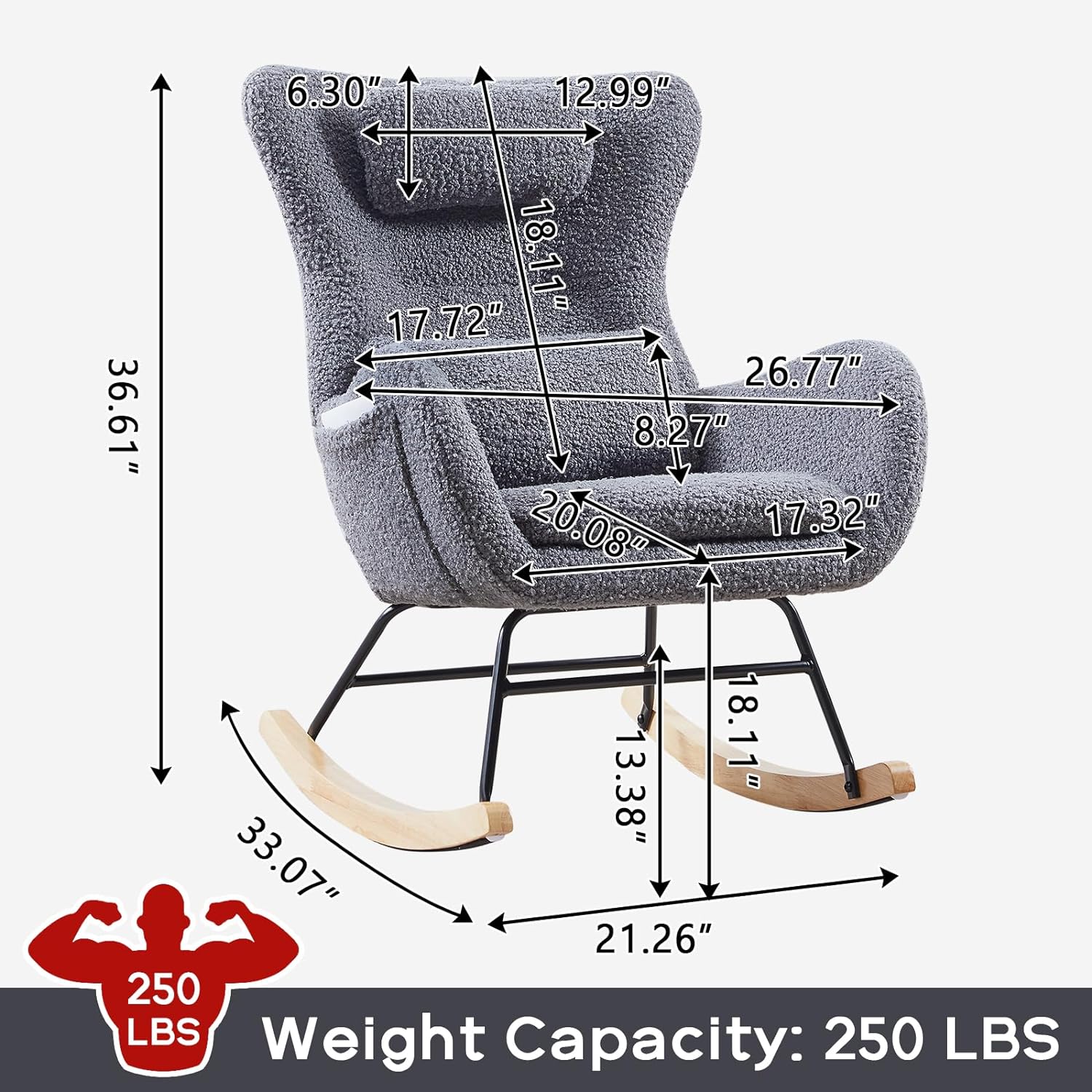 Nursery Rocking Chair, Teddy Upholstered Glider Rocker with Headrest and Lumbar Pillow, High Backrest Rocking Accent Chair with Side Pocket, Comfy Armchair for Living Room