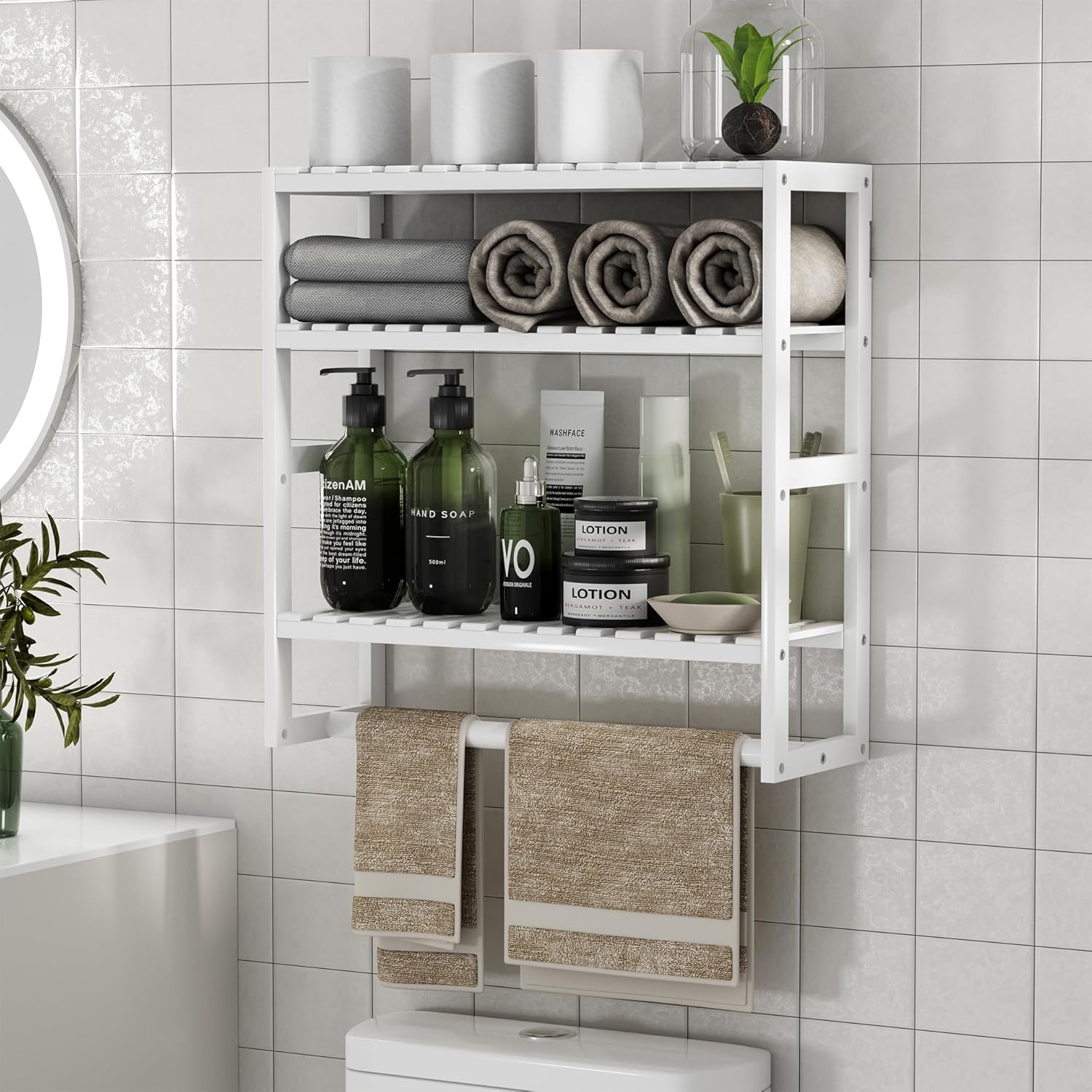 Towel Rack Bathroom Storage Shelves Over The Toilet with Towel Bar 100% Bamboo Adjustable Height Floating Shelf