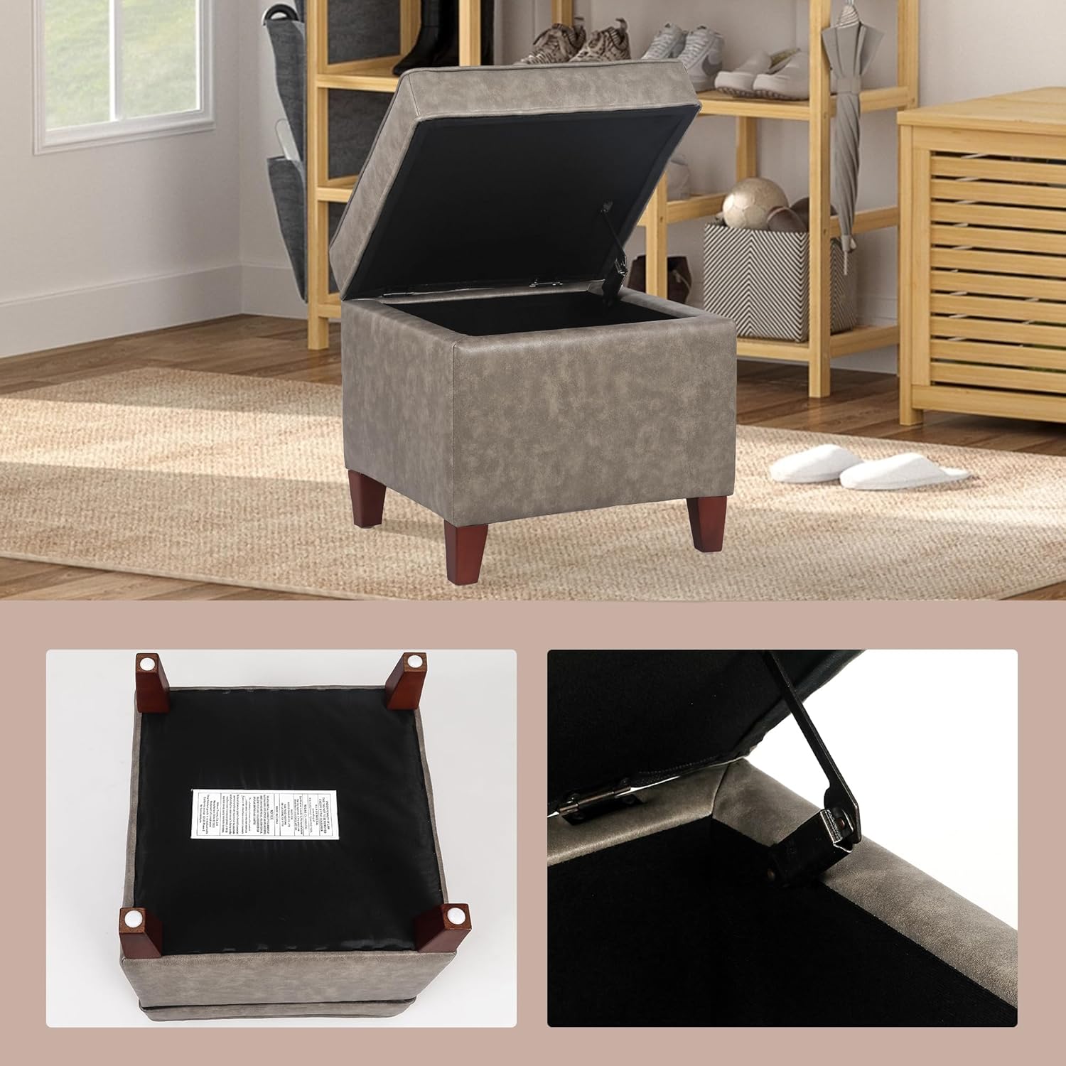 17.5" Square Faux Leather Ottoman with Storage - Upholstered PU Foot Rest - Flip Top Footstool