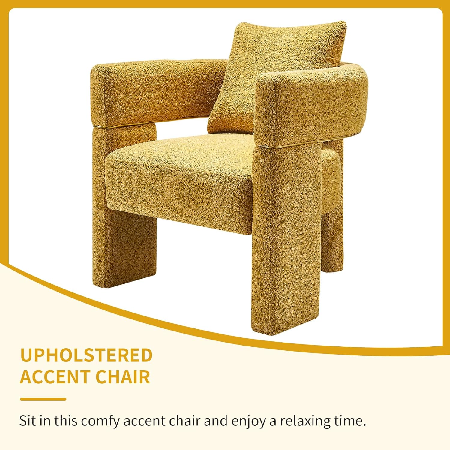 Boucle Fabric Accent Chair, Modern Upholstered Armchair with Open Back, Single Sofa Chair with Lumbar Pillow, Cozy Reading Chair for Living Room (Yellow)