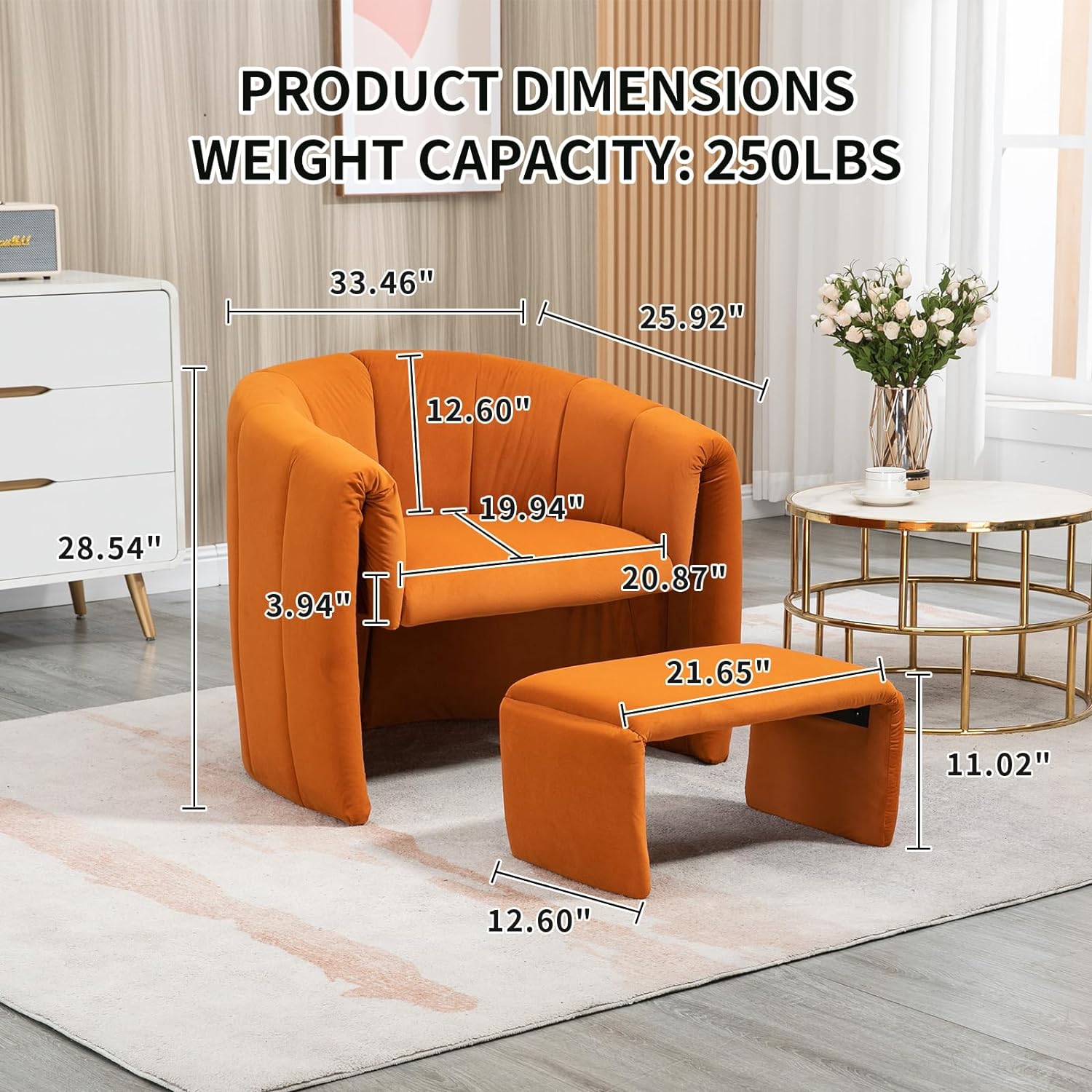 Modern Accent Chair with Ottoman, Velvet Upholstered Tufted Leisure Armchair, Single Sofa Reading Chair for Living Room, Bedroom, Office, Lounge (Orange)