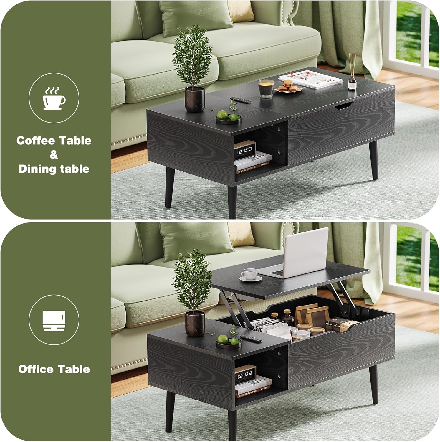 Wood Lift Top Coffee Table with Hidden Compartment and Large Storage Shelf