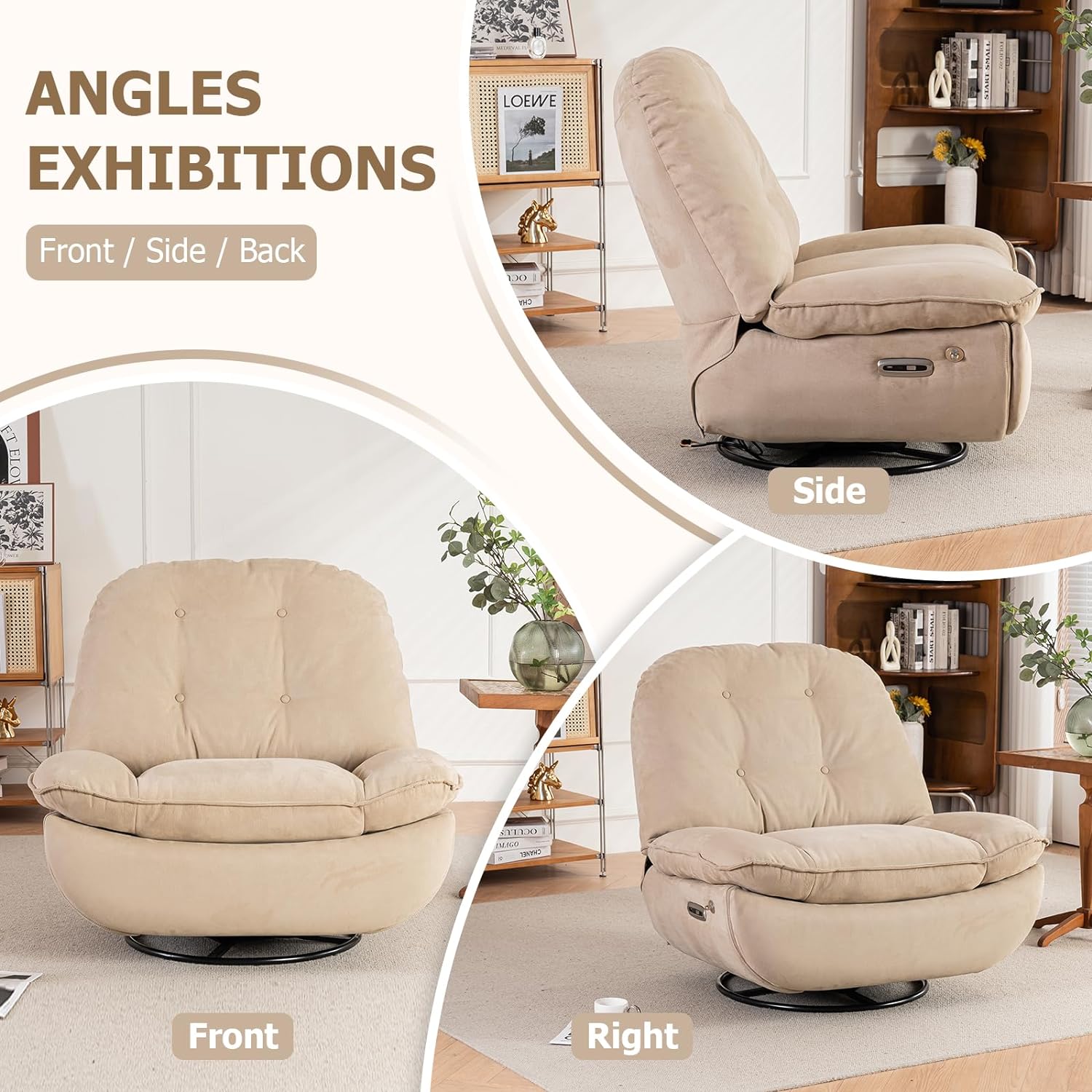 Electronic Recliner, 360 Degree Swivel Glider Rocking Chair with USB Charger, Swivel Single Sofa Seat with Bluetooth, Home Theater Recliner Seat with Phone Holder (Camel)