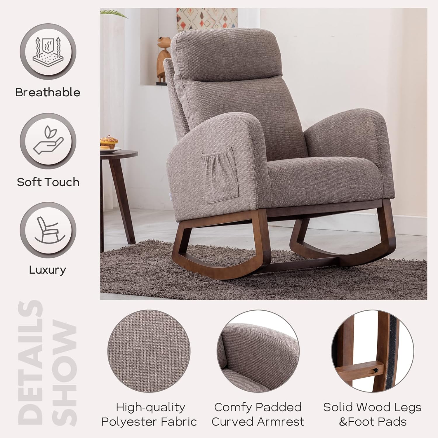 Nursery Rocking Chair, Upholstered Glider Chair for Nursery, Accent Rocker Chair with Tall Back & Side Pockets, Modern Leisure Single Arm Chair for Living Room, Bedroom (Grey)