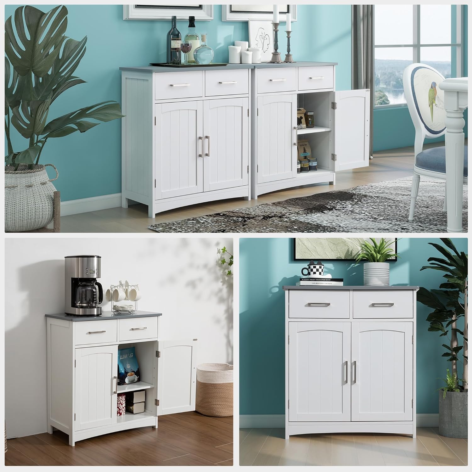 Buffet Cabinet with Storage, Coffee Bar Cabinet 26 x 30 Inches, Grey Top Sideboard Cabinet