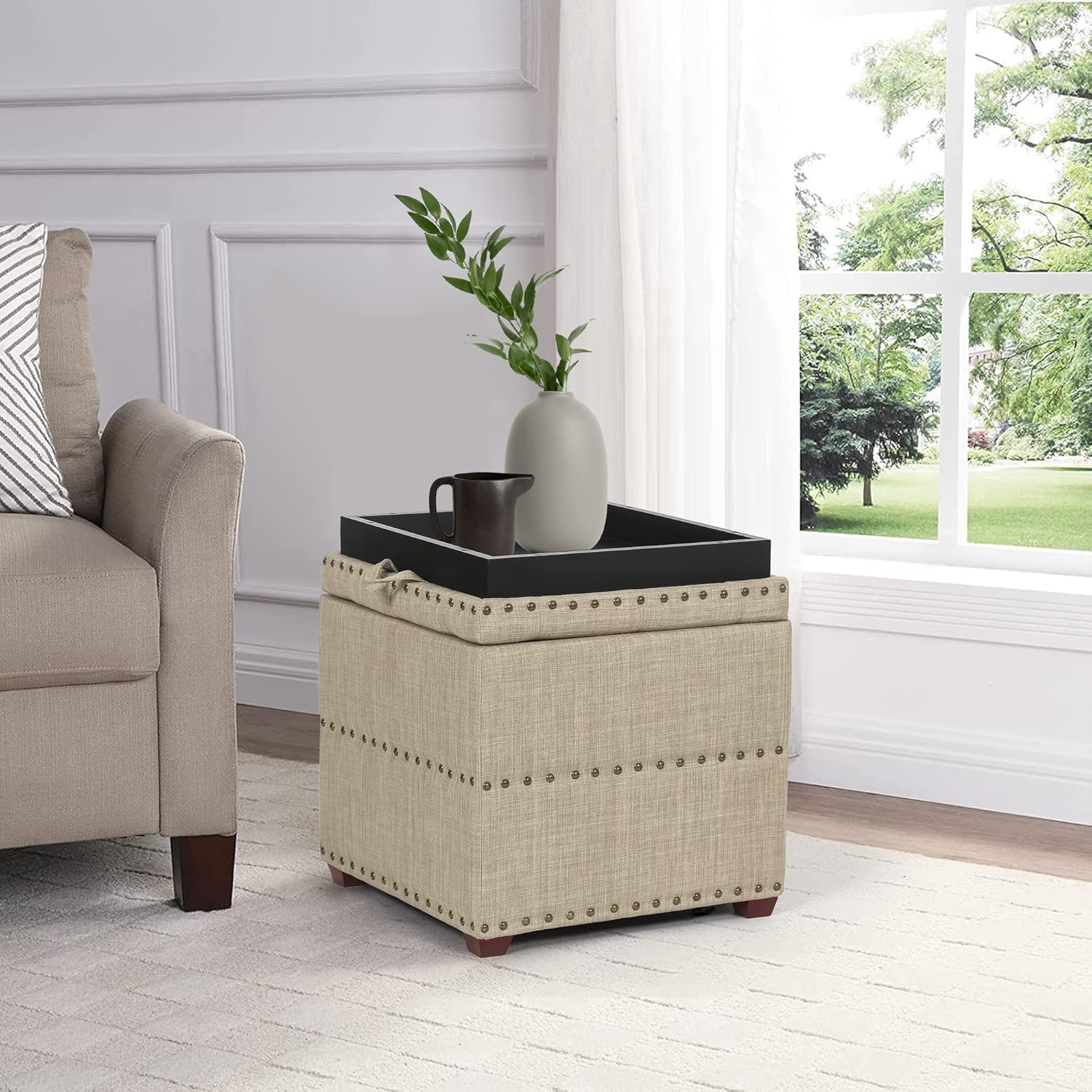 18 Inch High Cube Ottoman Storage, Linen Beige Chair Foot Stools with Tray