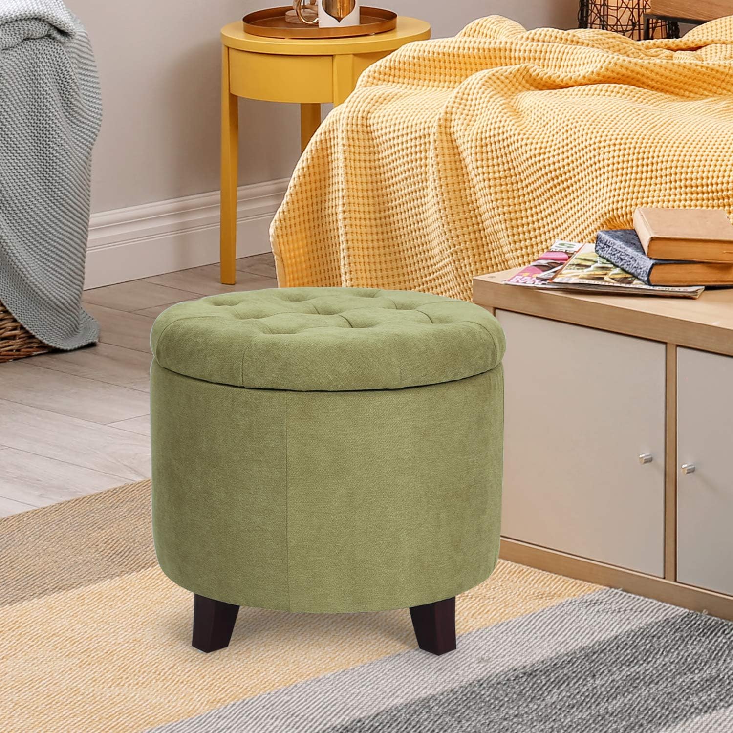 Fabric Cushion Round Button Tufted Lift Top Footstool