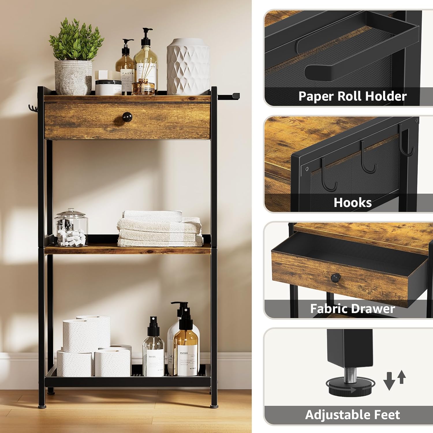 Farmhouse Bathroom Standing Shelf - Floor Freestanding Ladder Storage Shelves Organizer with Drawer Toilet Paper Holder