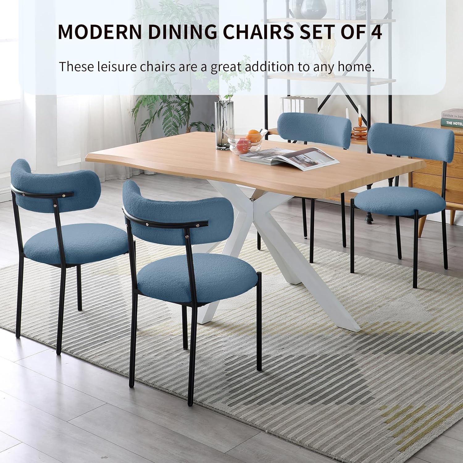Modern Dining Chairs Set of 4, Boucle Upholstered Chair with Open Back, Side Chair with Metal Legs, Lounge Chair with Round Cushion, Accent Chair for Dining Room (Set of 4, Light Blue)