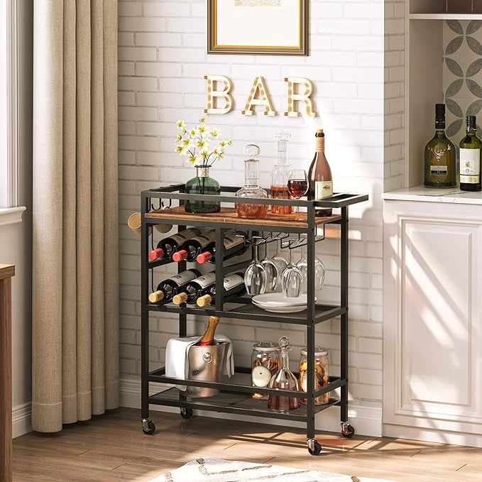 3-Tier Serving Cart with Wheels and Handle, Beverage Cart with Wine Rack and Glass Holders