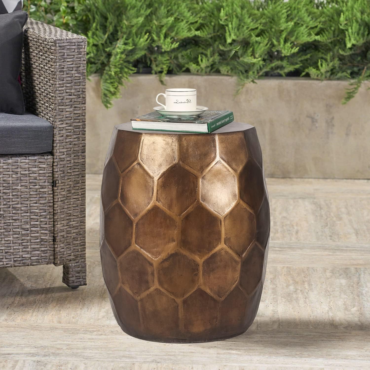 Modern 18" H Round Side Table, Indoor Outdoor Geometric Honeycomb Concrete End Table