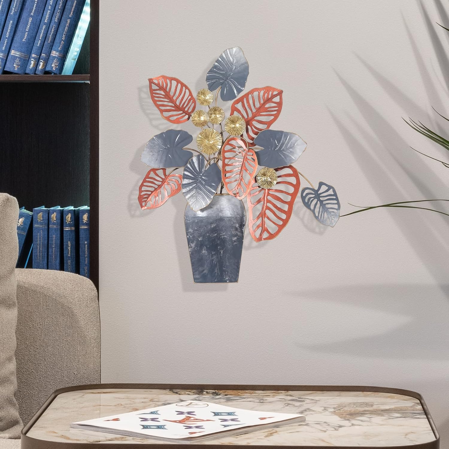 19 inch Metal Leaf Wall Decor in Vase Home Wall Art Sculptures