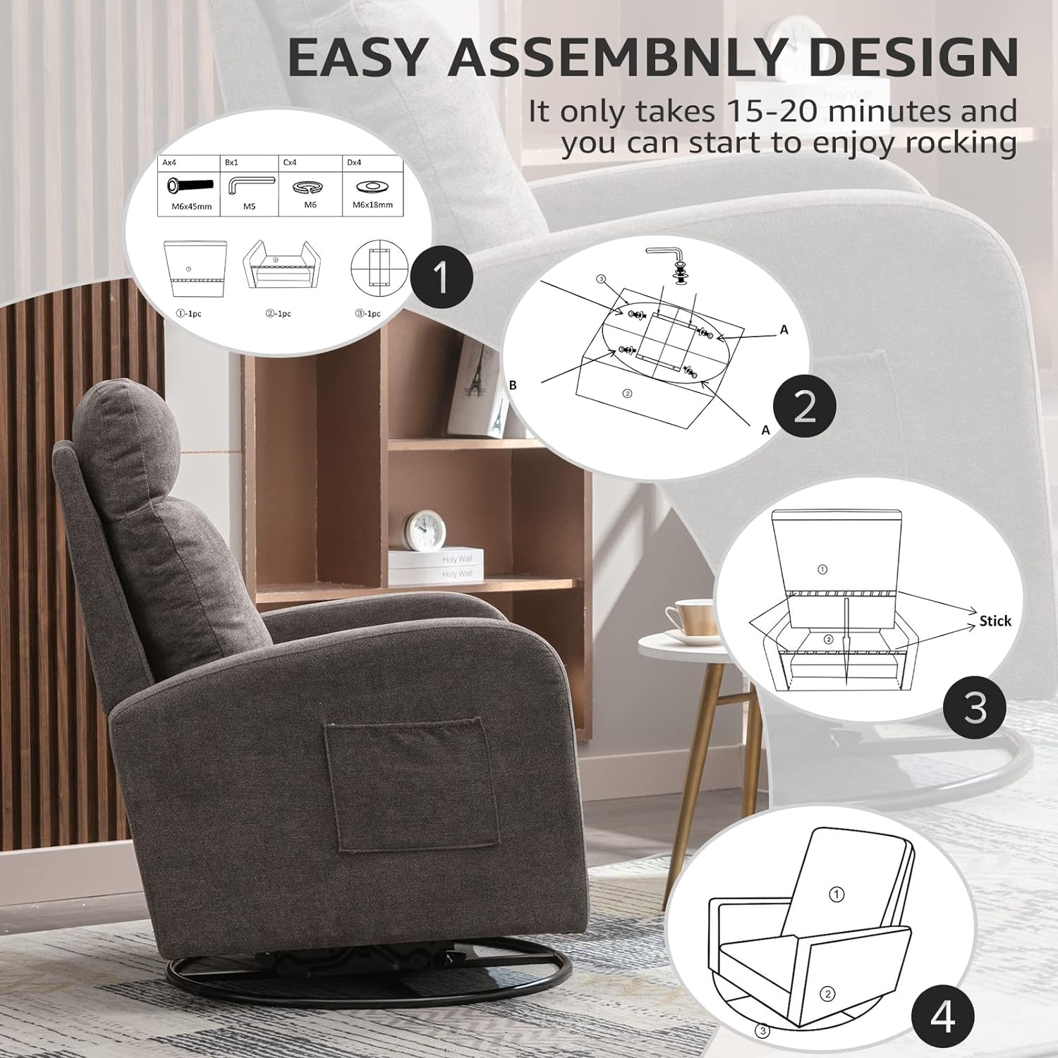 Upholstered Recliner and Swivel Glider, Rocker for Nursery, Rocking Accent Chair Padded Seat with High Backrest and Side Pocket for Living Room (Dark Grey)