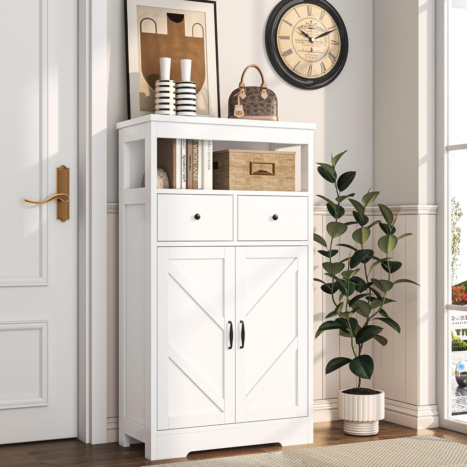 Farmhouse Storage Cabinet, Bathroom Storage Cabinet with 2 Drawers & Adjustable Shelves