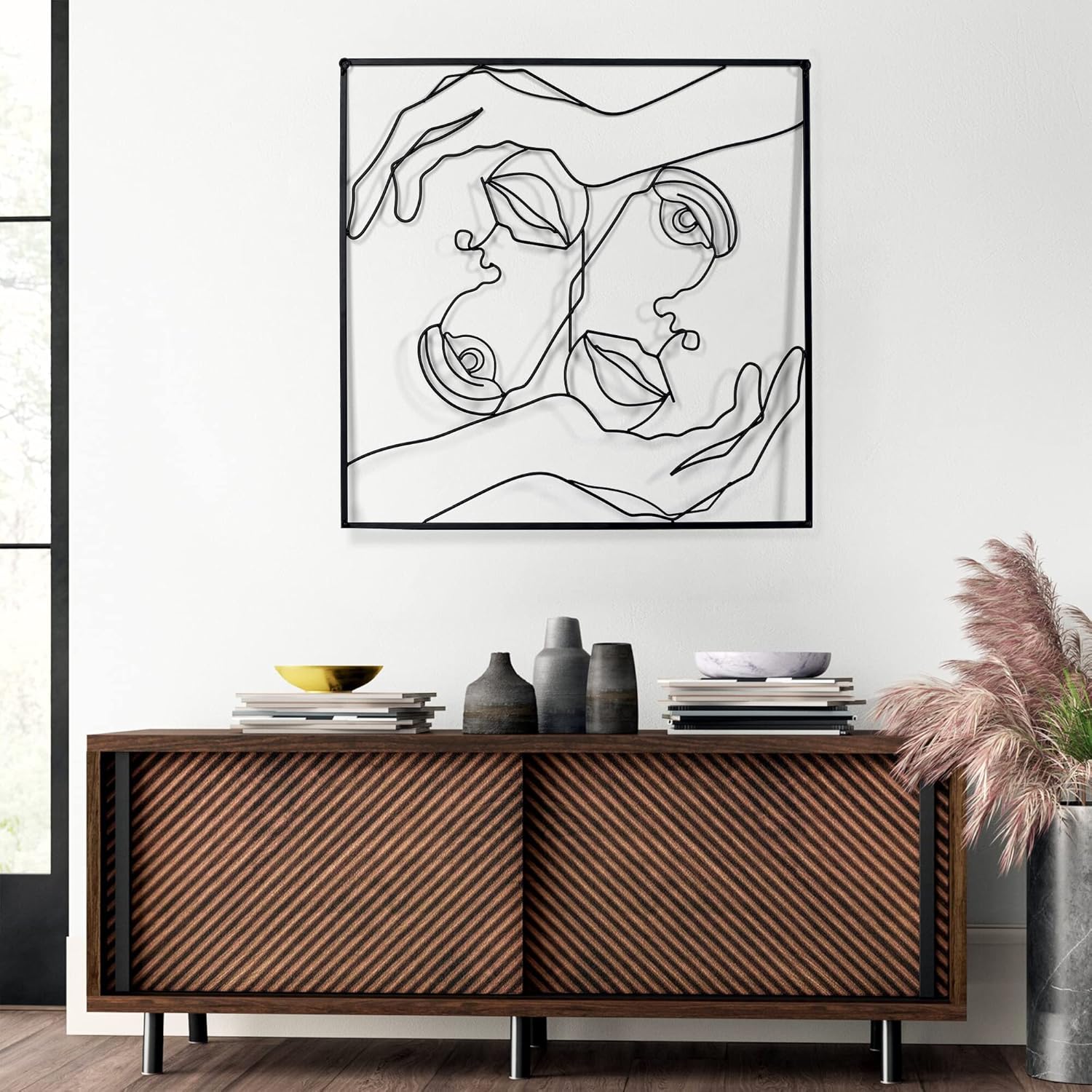 Metal Minimalist Face Wall Art Framed Abstract Wall Art, 23 x 23 inch Black Simple Line Home Hanging Wall Sculptures