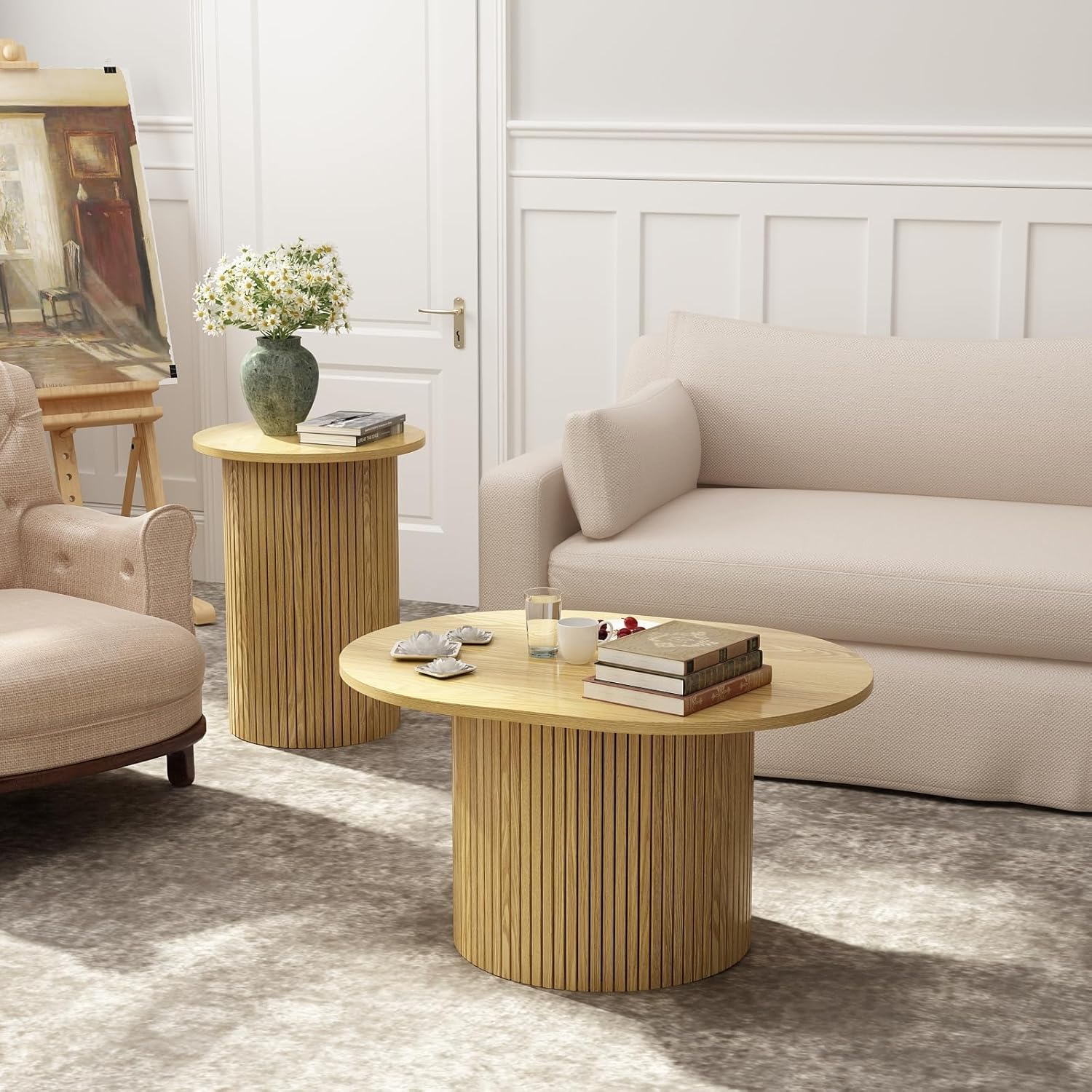 Farmhouse Nesting Coffee Tables Set of 2, Circle Fluted Wood Side and End Table Sets for Living Room