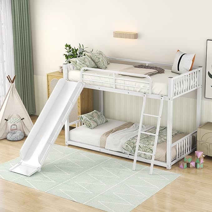 Metal Bunk Beds with Slide Twin Over Twin Low Bunk Bed with Ladder and Slide Buffer for Kids Toddlers Boys Girls Teens, White