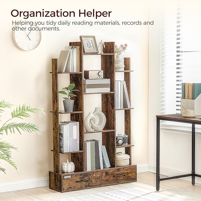 Bookcases and Bookshelves, 4-Tier Bookcase with 12 Shelves and 2 Drawers