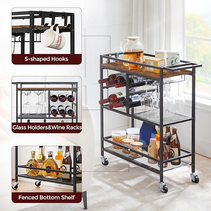 3-Tier Serving Cart with Wheels and Handle, Beverage Cart with Wine Rack and Glass Holders
