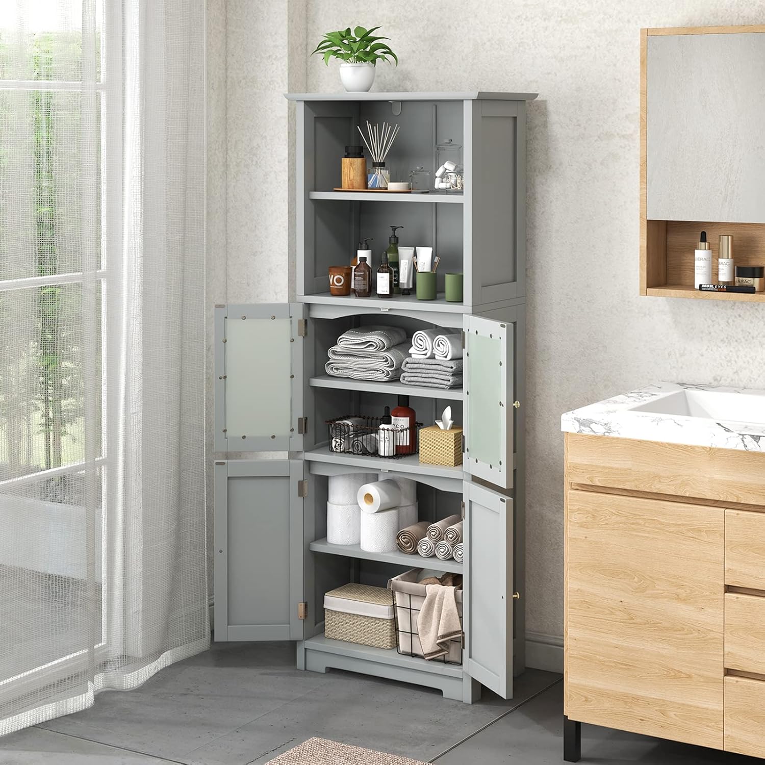 Tall Bathroom Storage Cabinet, Freestanding Floor Cabinet w/2 Glass Doors & 2 Open Shelves, 3-Position Adjustable Shelves, Anti-toppling Design