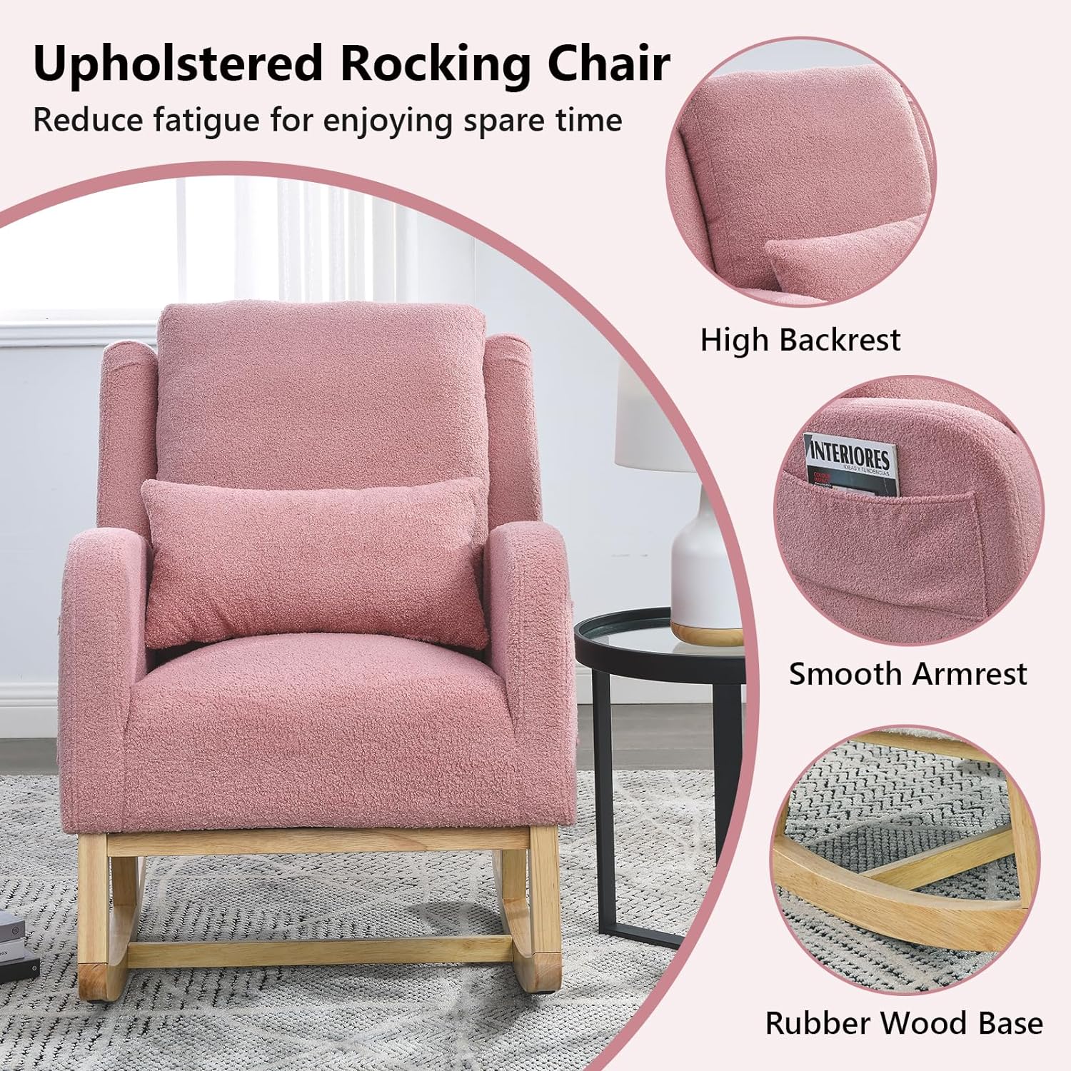 Nursery Rocking Chair, Modern High Back Armchair with Side Pockets, Glider Rocker with Padded Seat, Lumbar Pillow and Wood Base, Accent Chair for Living Room, Bedroom (Pink Teddy)