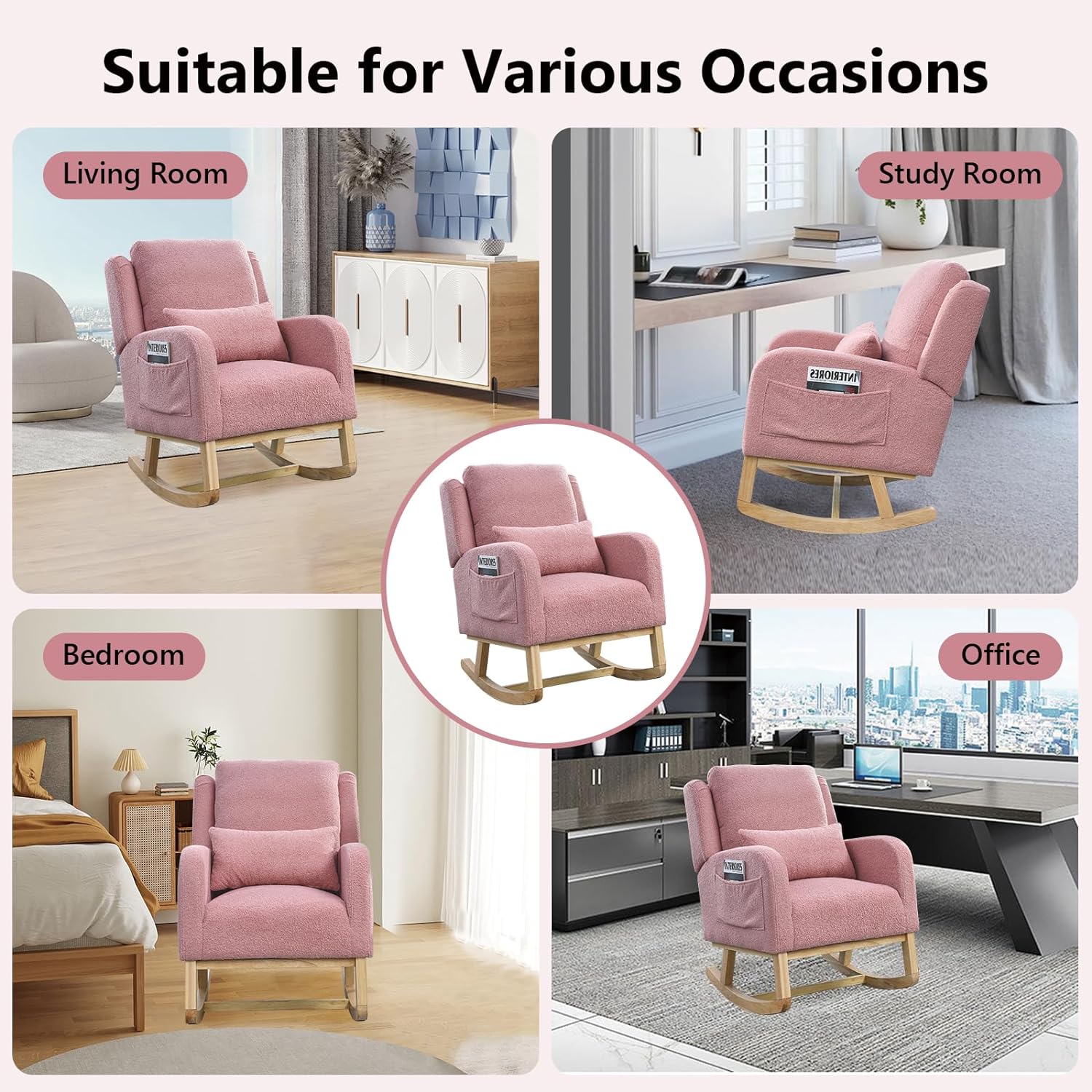 Nursery Rocking Chair, Modern High Back Armchair with Side Pockets, Glider Rocker with Padded Seat, Lumbar Pillow and Wood Base, Accent Chair for Living Room, Bedroom (Pink Teddy)