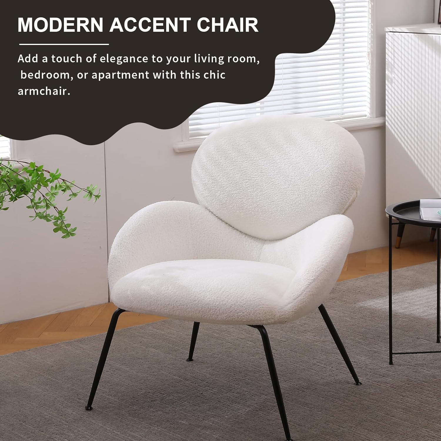 Modern Accent Chair, Teddy Upholstered Dining Chair with Black Metal Legs, Comfy Cute Vanity Chair, Leisure Single Armchair for Living Room, Dining Room, Bedroom (Ivory Teddy)