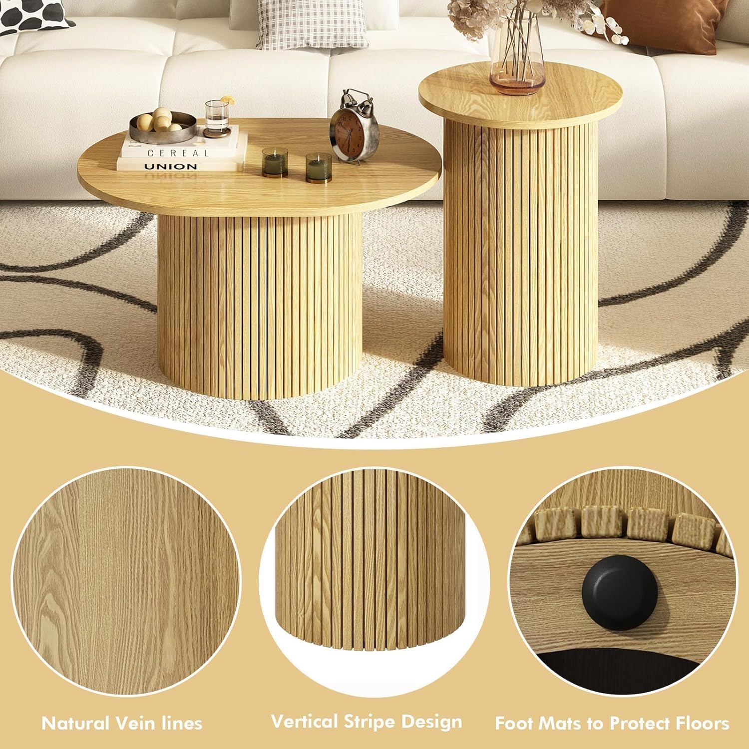 Farmhouse Nesting Coffee Tables Set of 2, Circle Fluted Wood Side and End Table Sets for Living Room