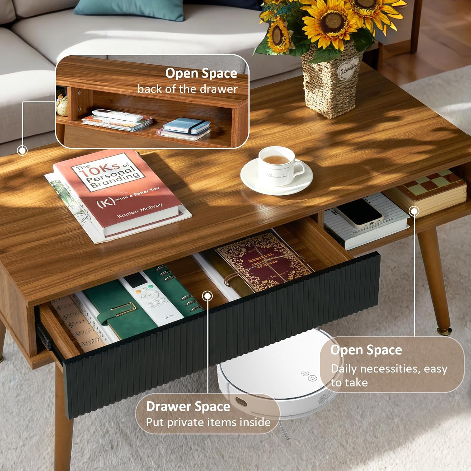 Coffee Table Mid Century Modern Coffee Tables with Drawer and Open Storage