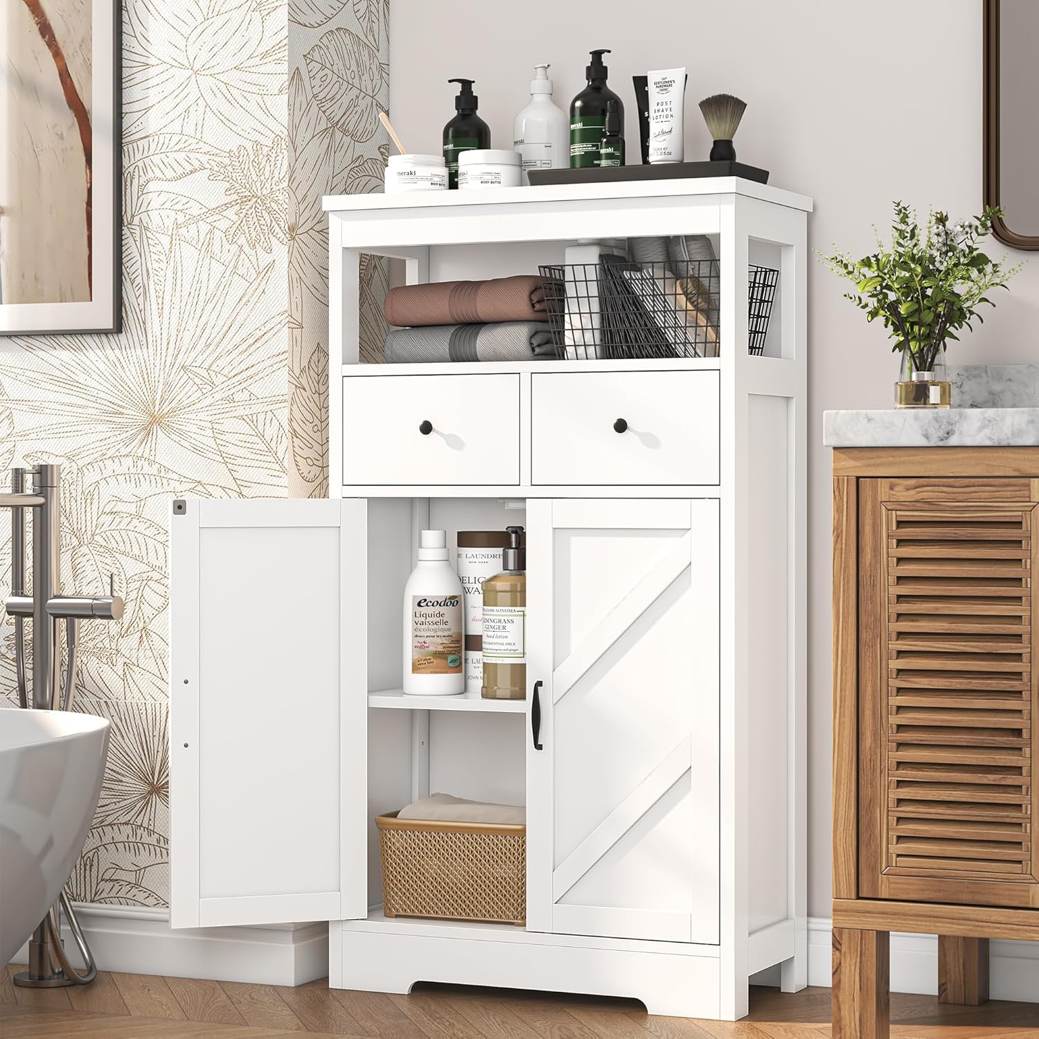 Farmhouse Storage Cabinet, Bathroom Storage Cabinet with 2 Drawers & Adjustable Shelves