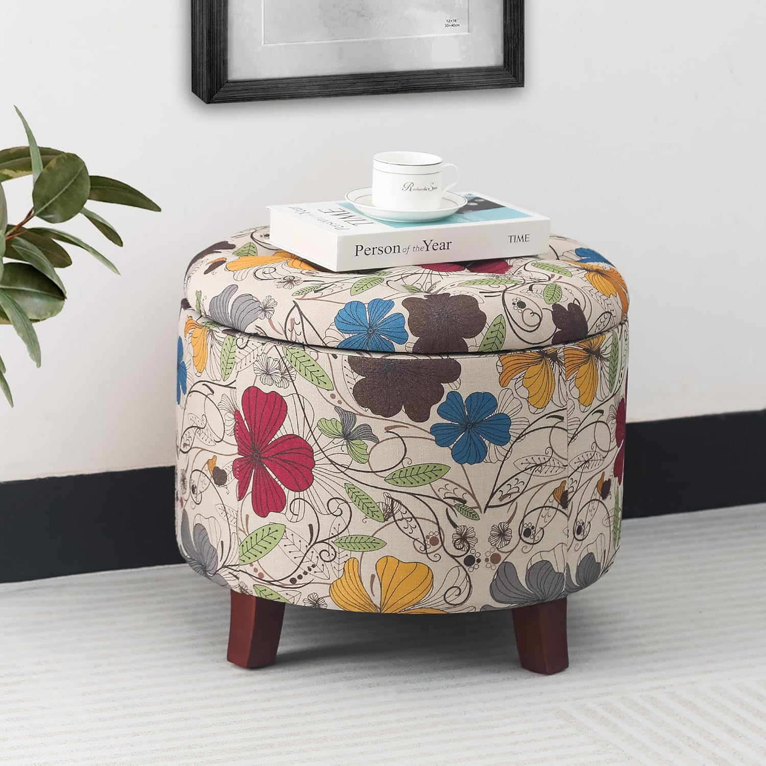 17" Height Round Storage Ottoman, Modern Linen Fabric Cushion Footstool