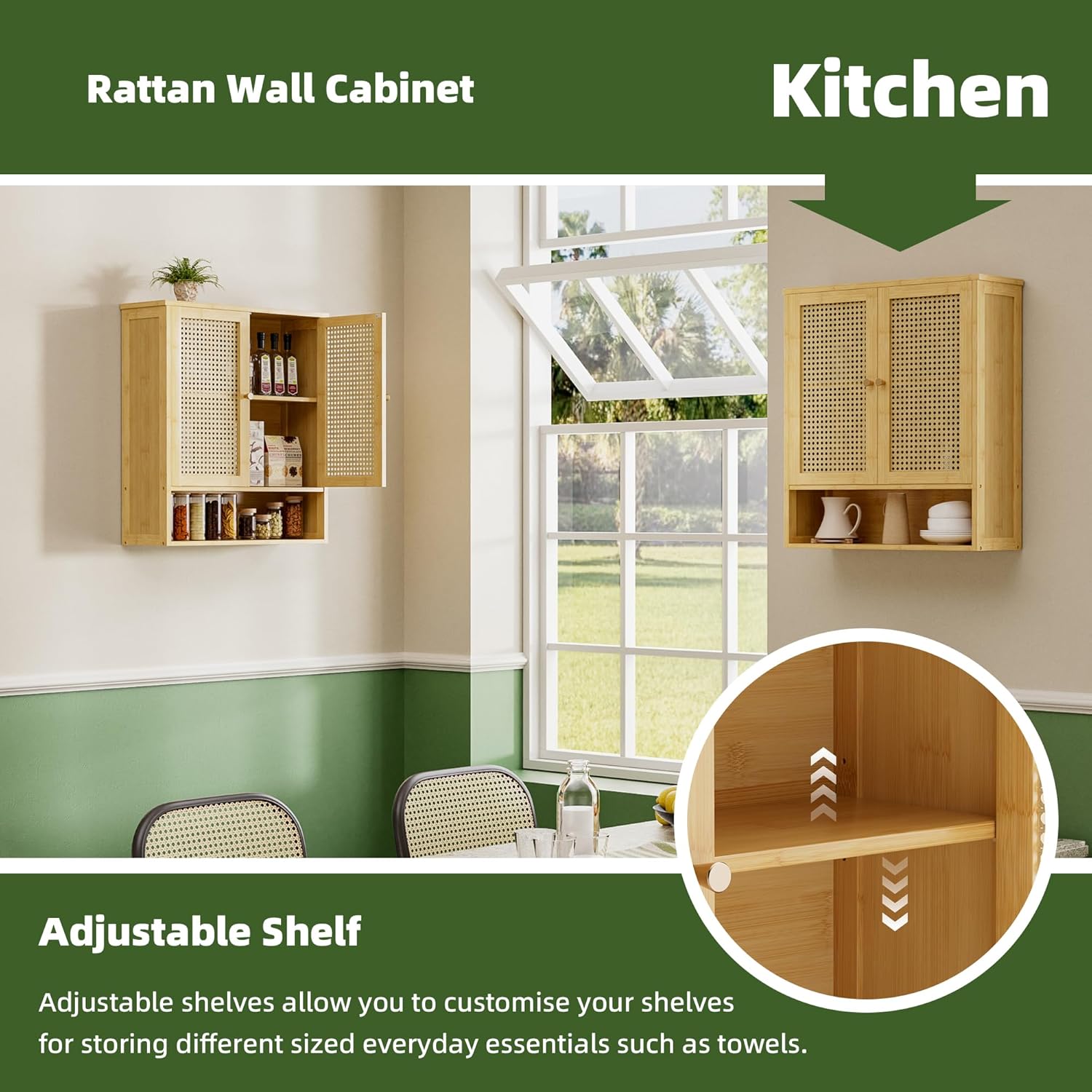 Bathroom Wall Cabinet, Bamboo Over-The-Toilet Storage Organizer with 2 Rattan Doors and Adjustable Shelf